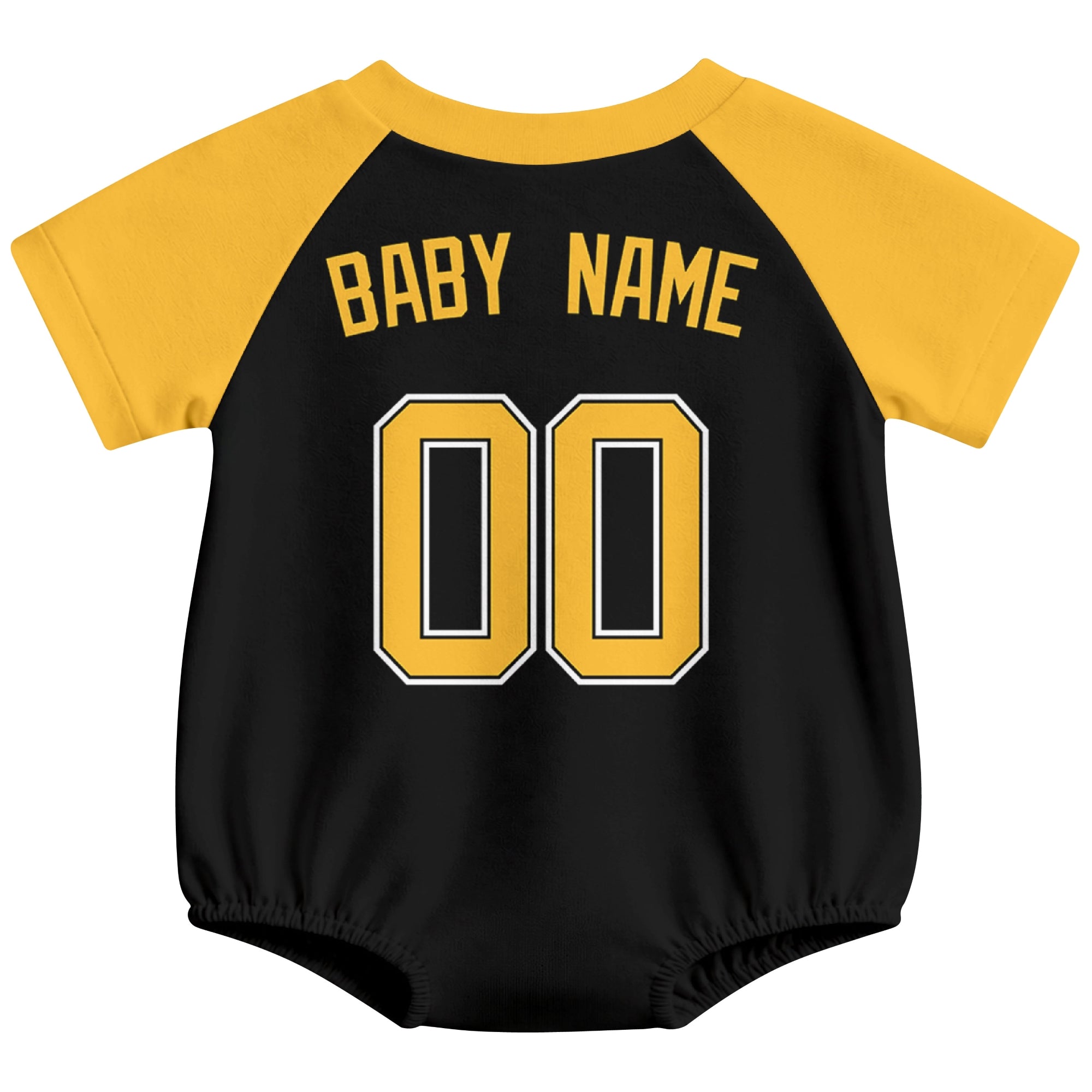 Pittsburgh baseball baby bodysuit back view in Black color style with custom baby name and number