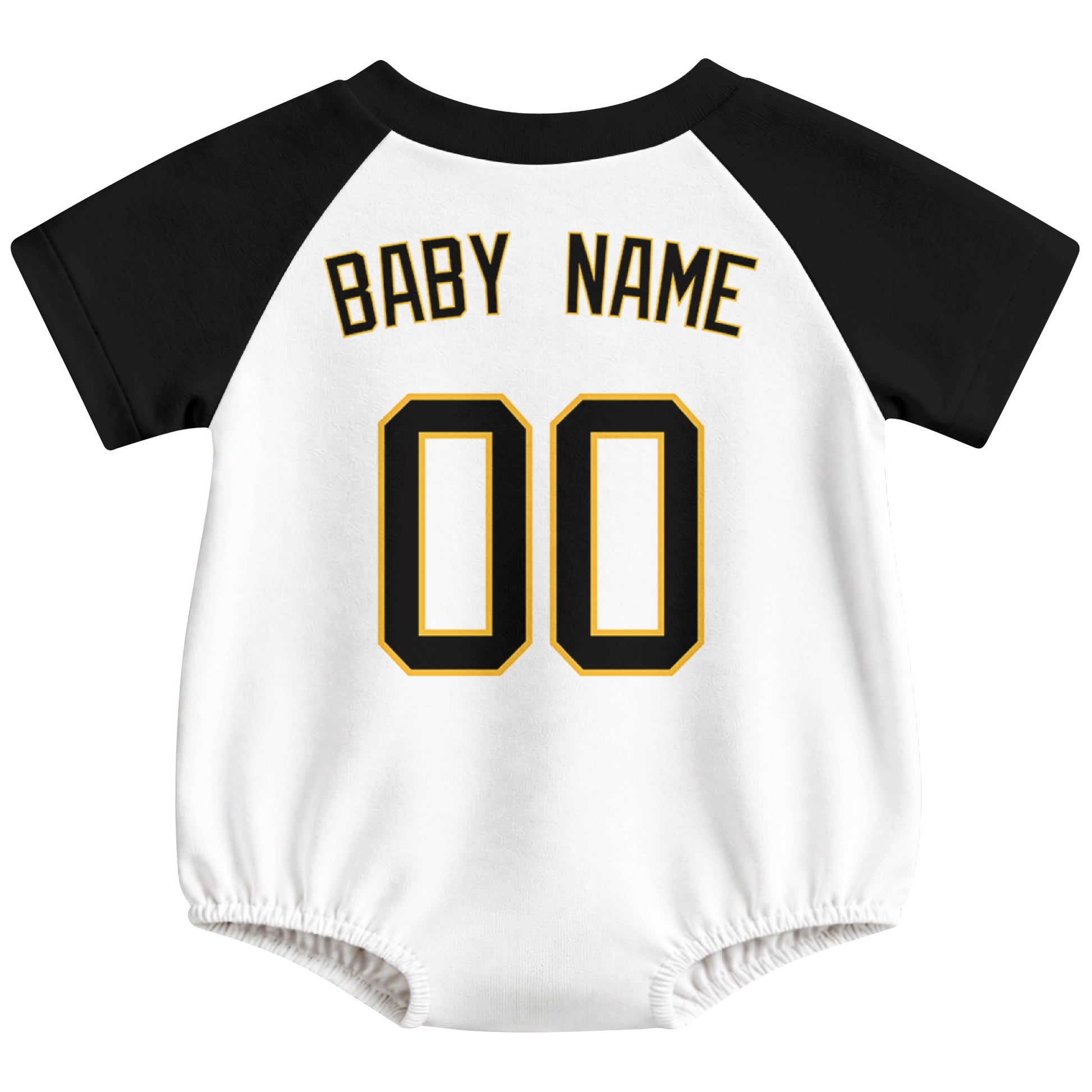 Pittsburgh baseball baby bodysuit back view in White color style with custom baby name and number