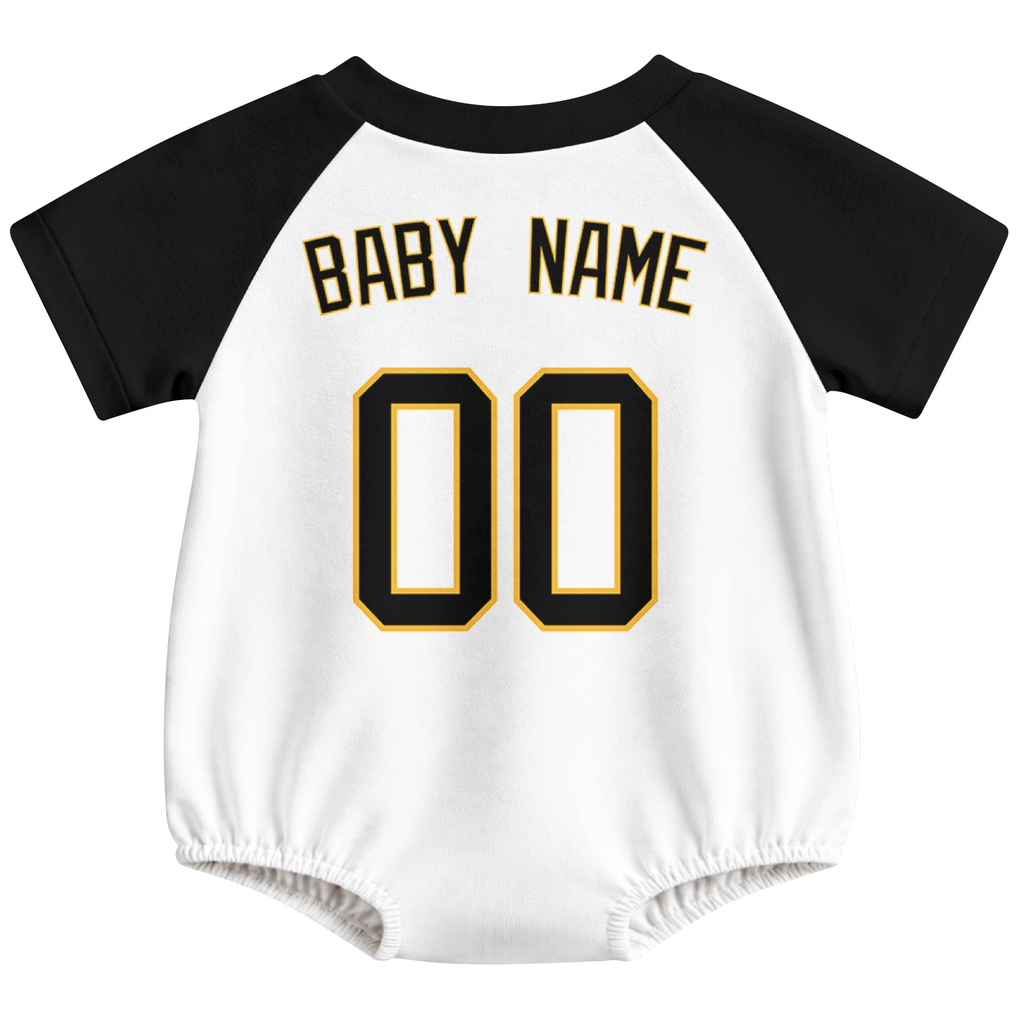 Pittsburgh baseball baby bodysuit back view in White color style with custom baby name and number