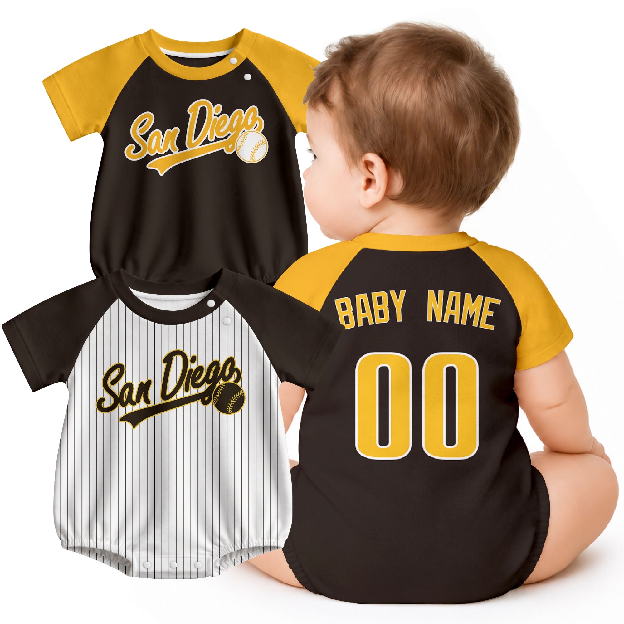 Personalized San Diego baseball baby bodysuit shown on baby with city-color style