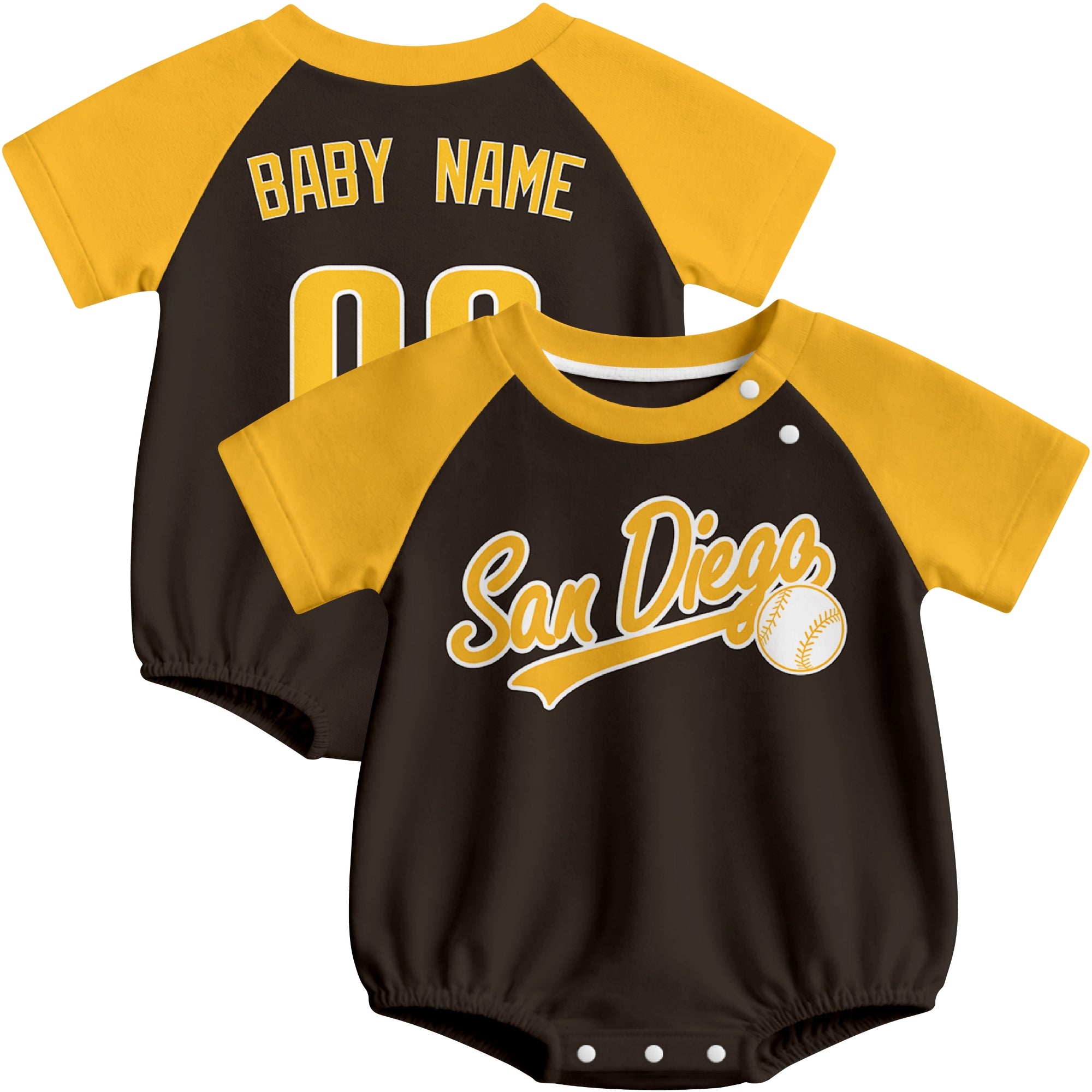 San Diego baseball baby bodysuit front and back view in Brown color style