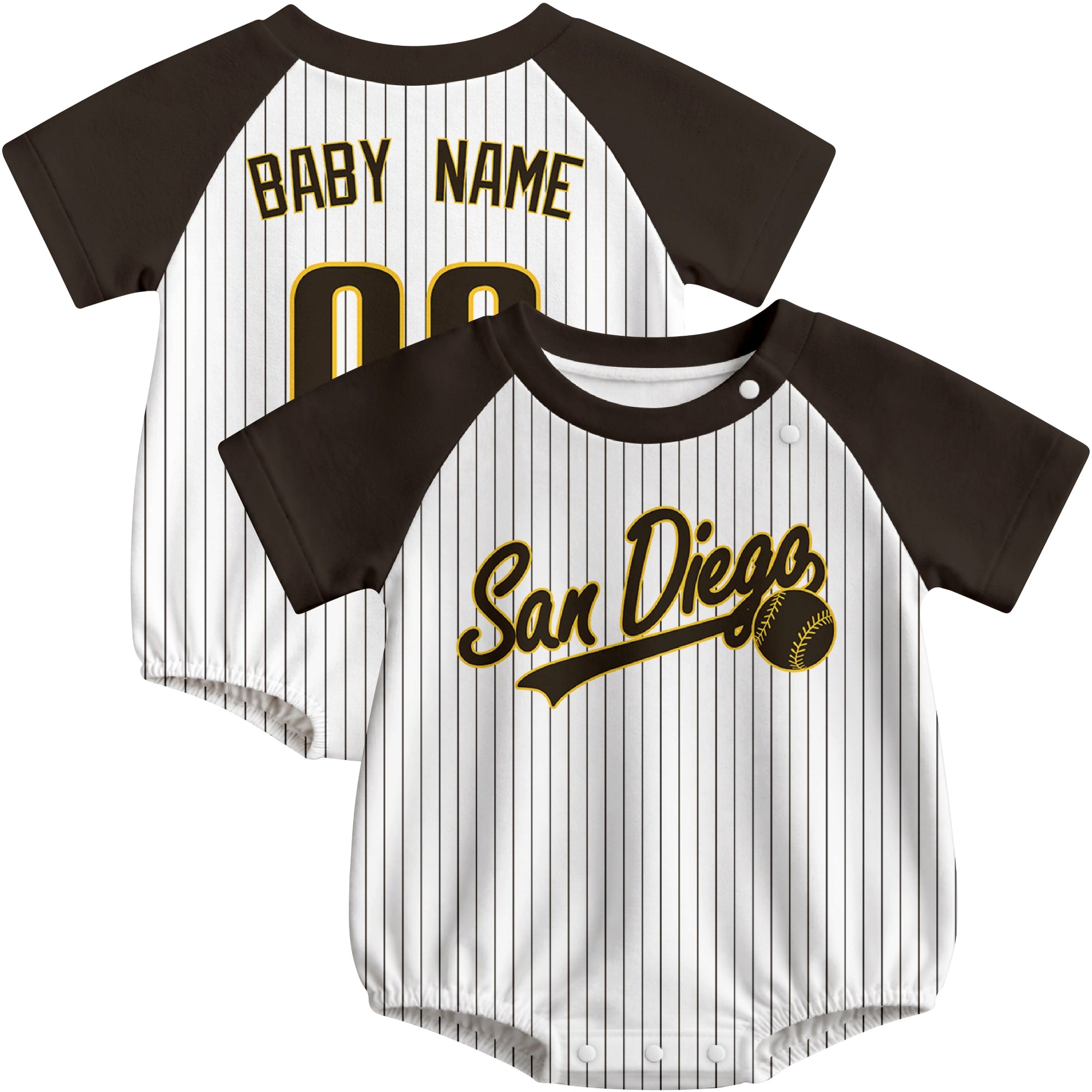 San Diego baseball baby bodysuit front and back view in White color style