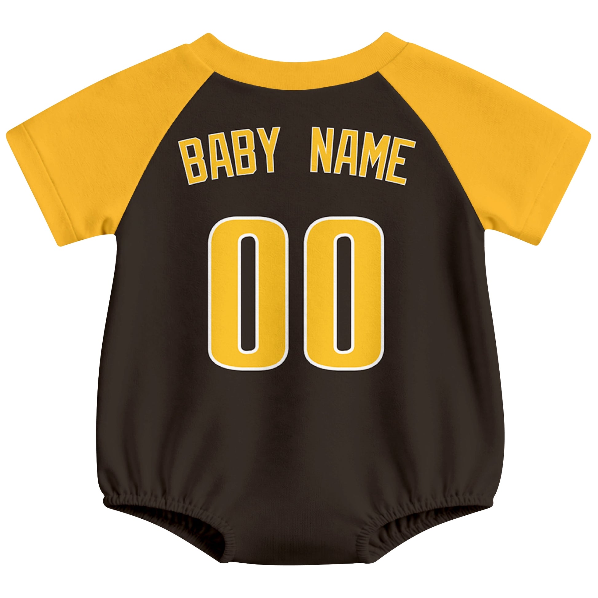 San Diego baseball baby bodysuit back view in Brown color style with custom baby name and number