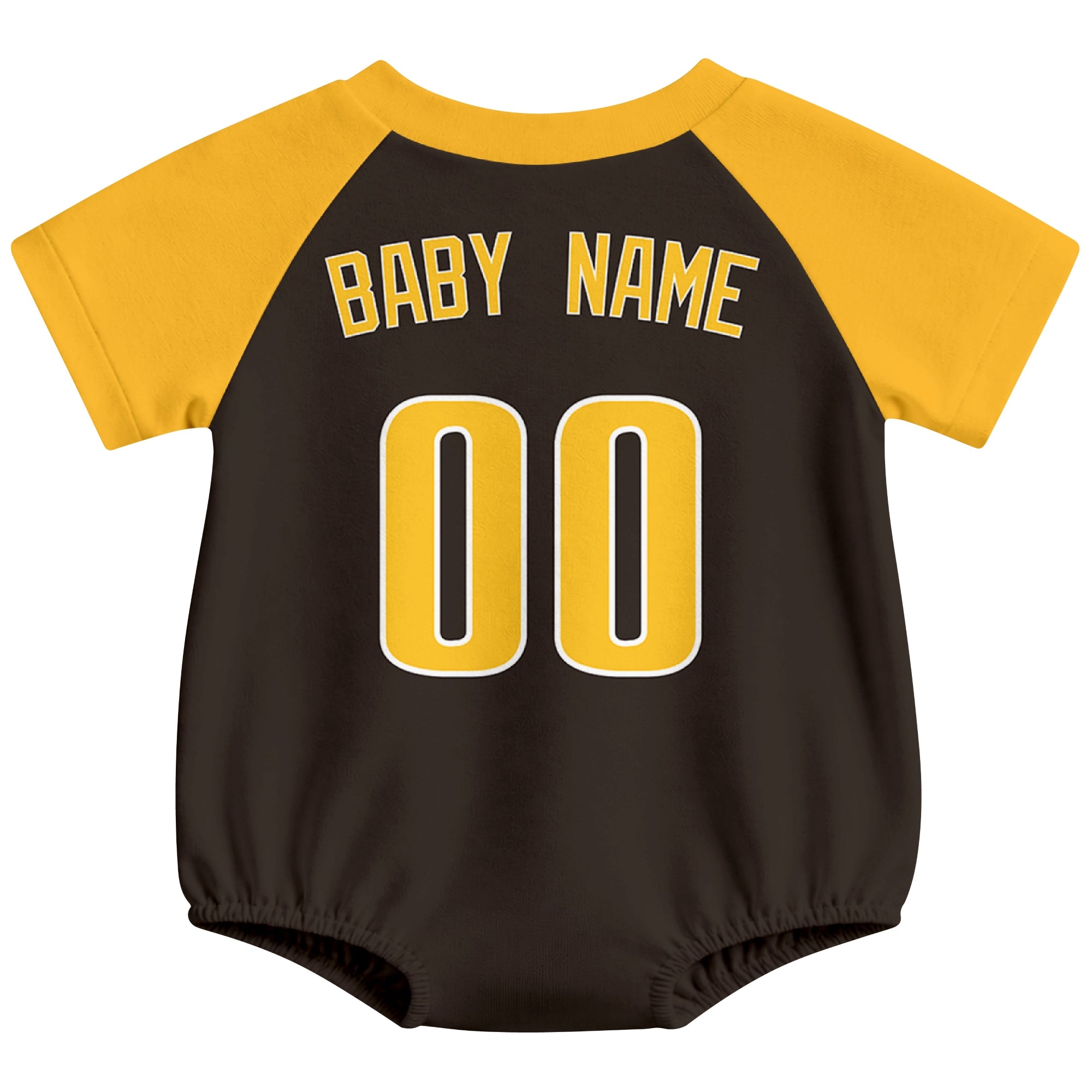 San Diego baseball baby bodysuit back view in Brown color style with custom baby name and number