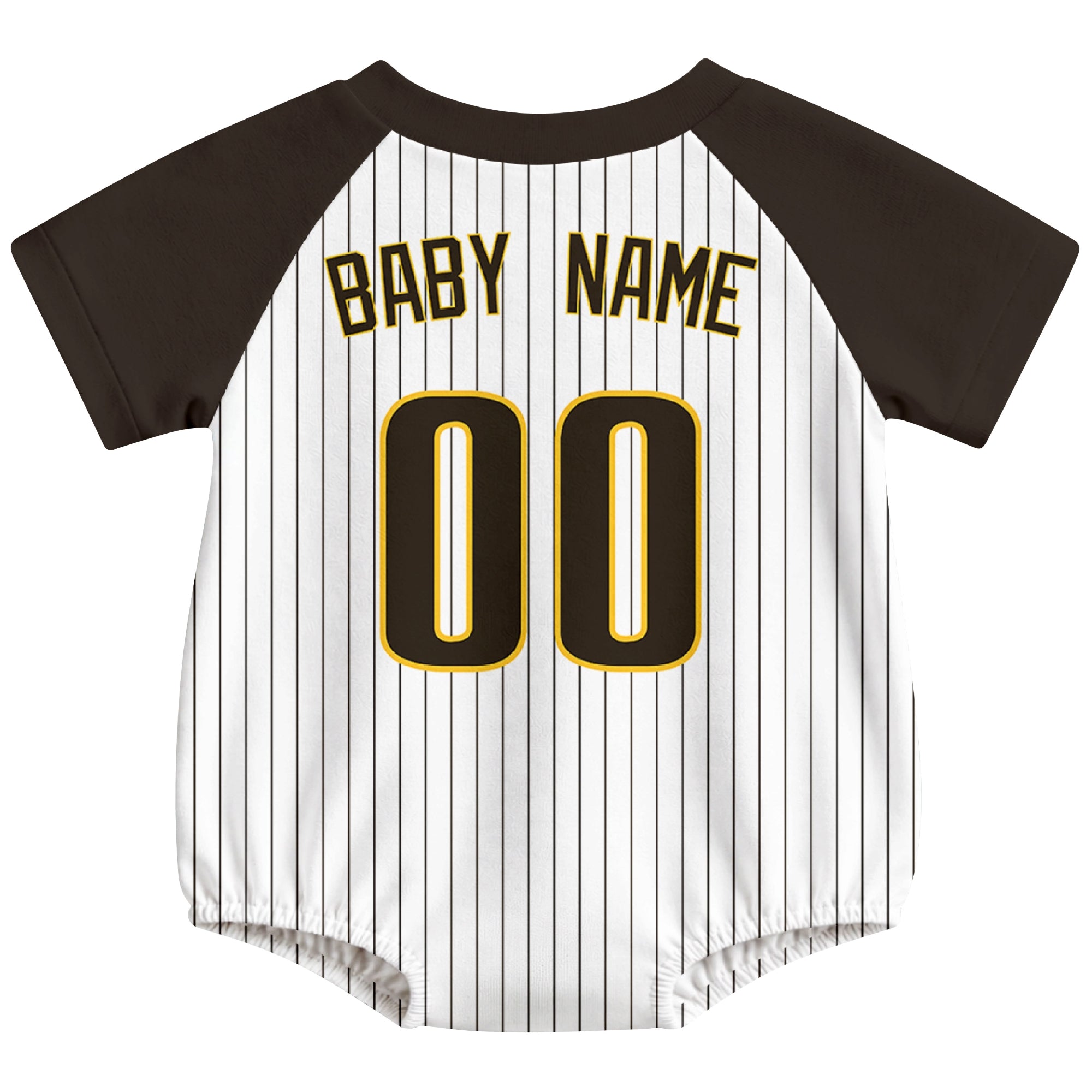 San Diego baseball baby bodysuit back view in White color style with custom baby name and number