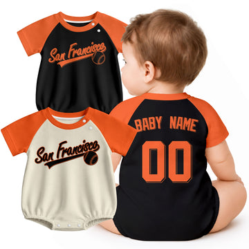 Personalized San Francisco baseball baby bodysuit shown on baby with city-color style