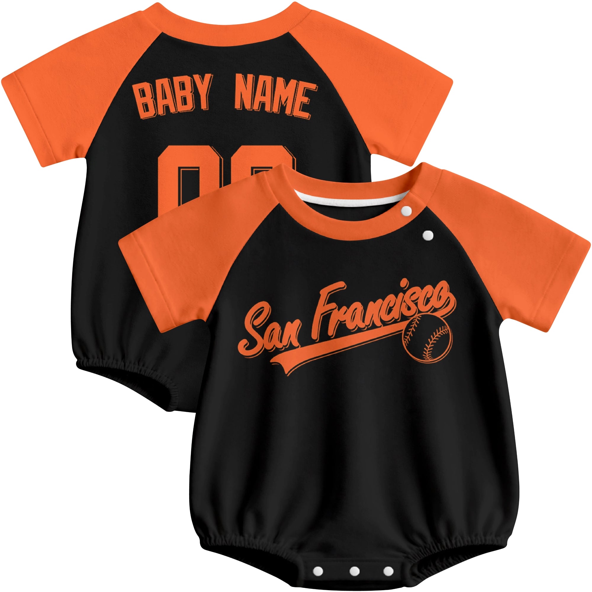 San Francisco baseball baby bodysuit front and back view in Black color style