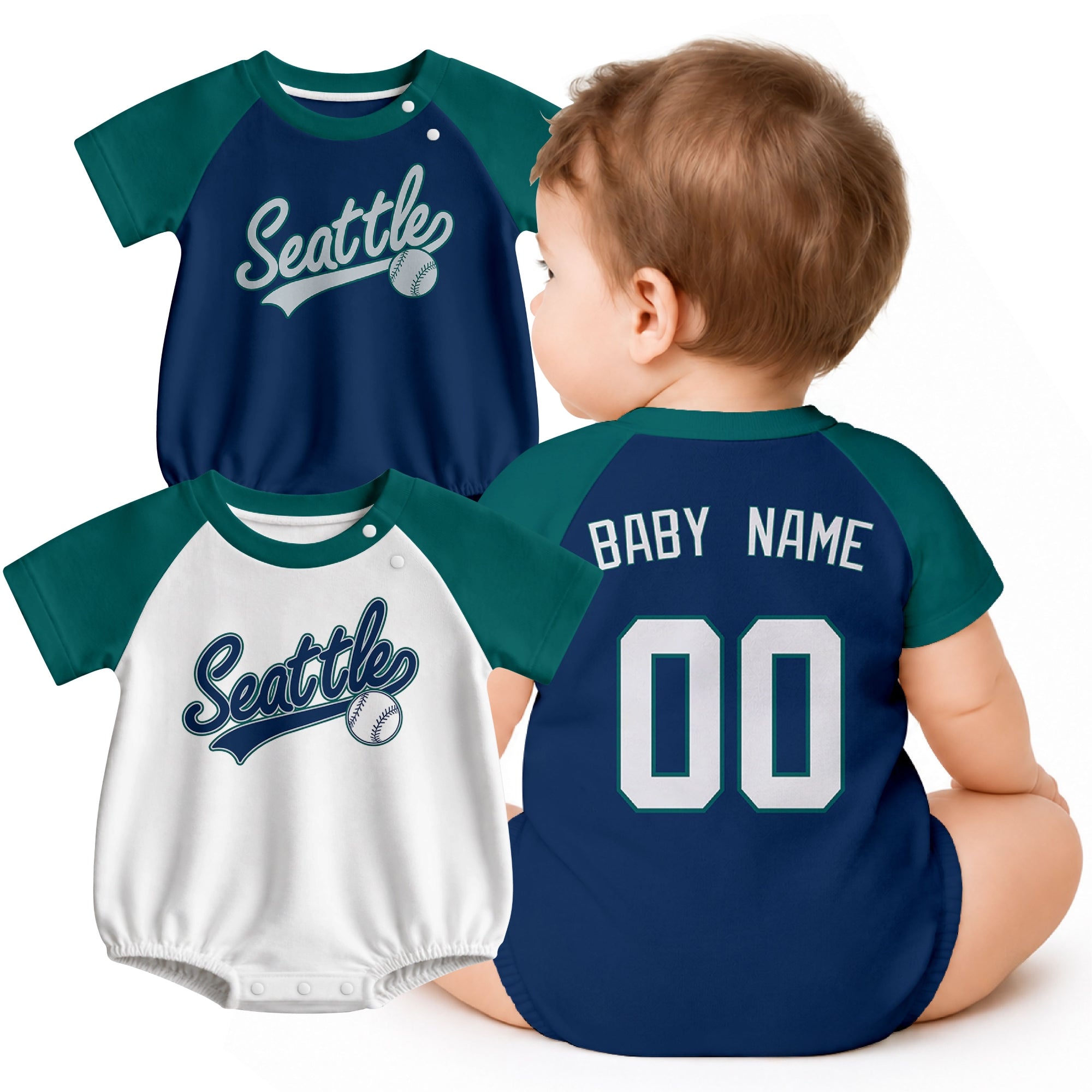 Personalized Seattle baseball baby bodysuit shown on baby with city-color style