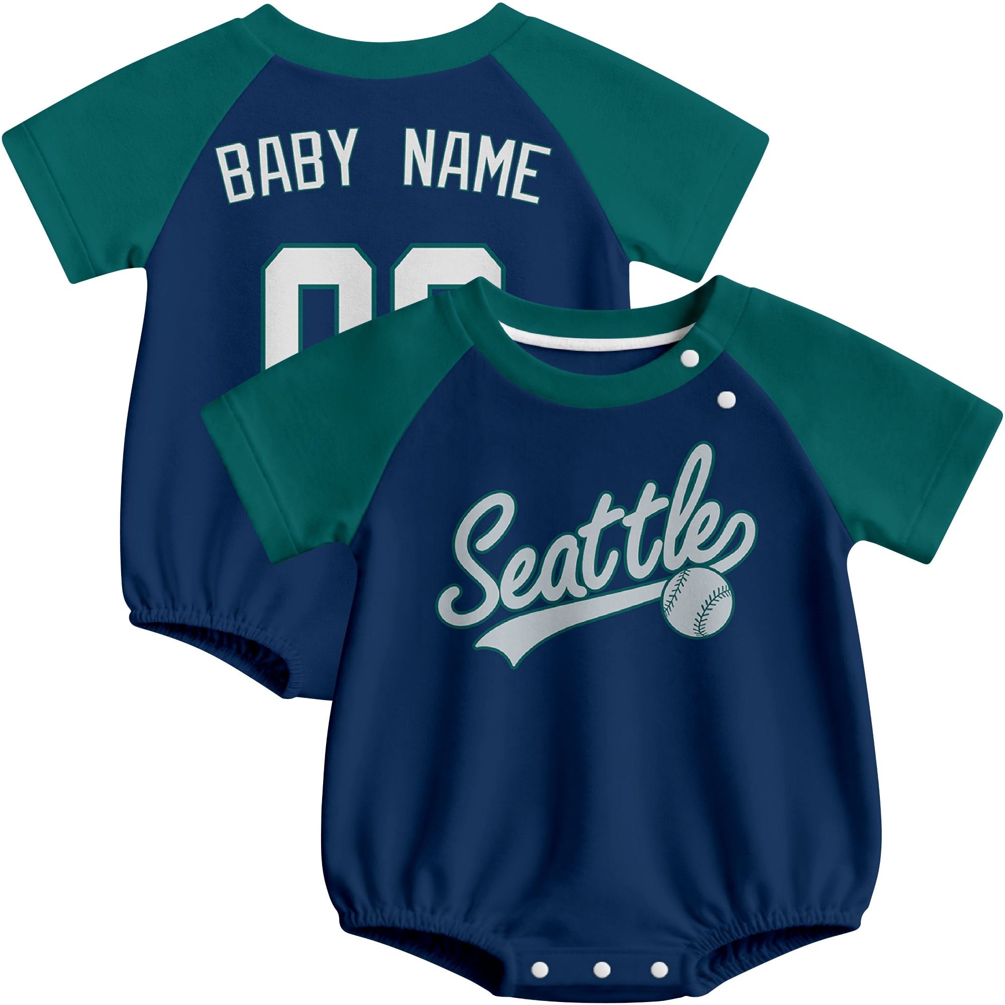Seattle baseball baby bodysuit front and back view in Navy color style