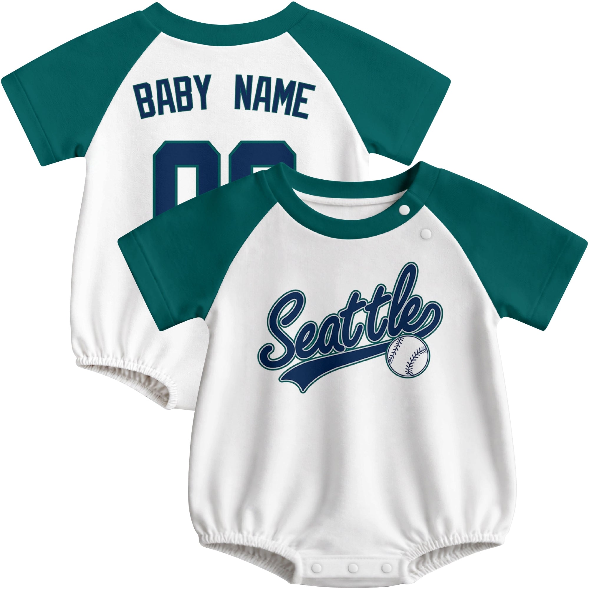Seattle baseball baby bodysuit front and back view in White color style