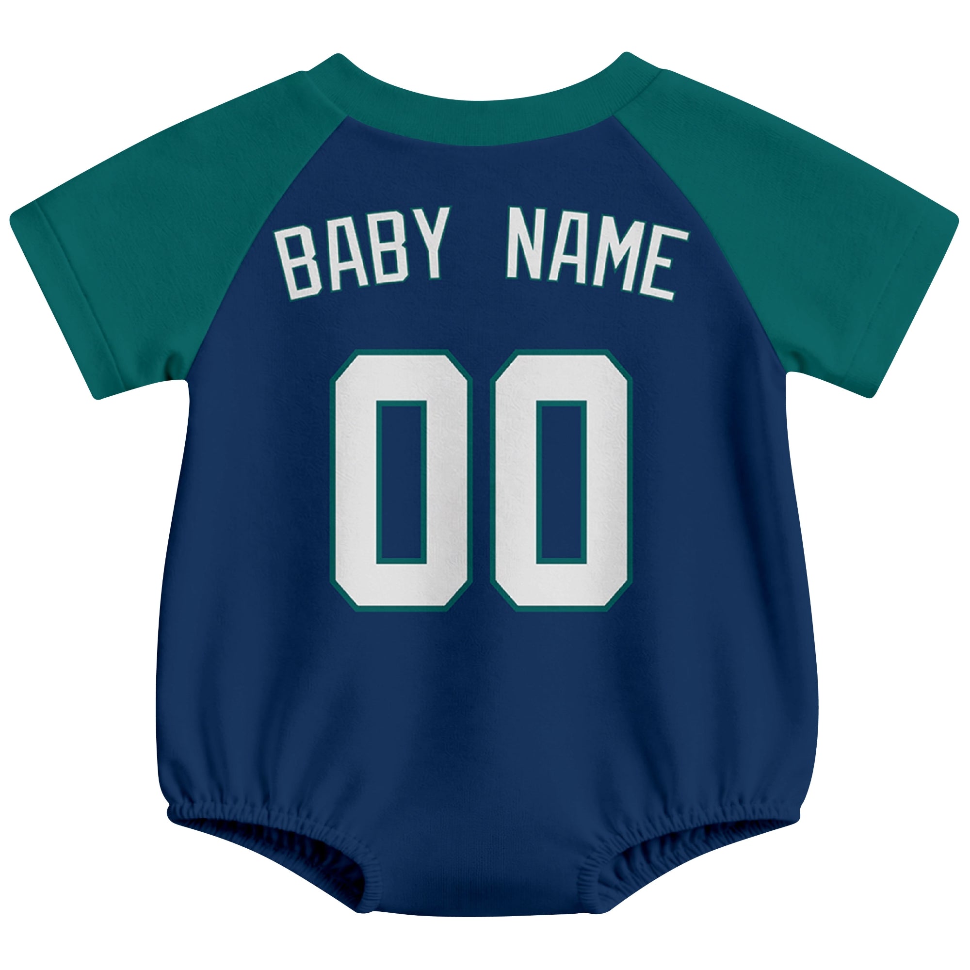 Seattle baseball baby bodysuit back view in Navy color style with custom baby name and number