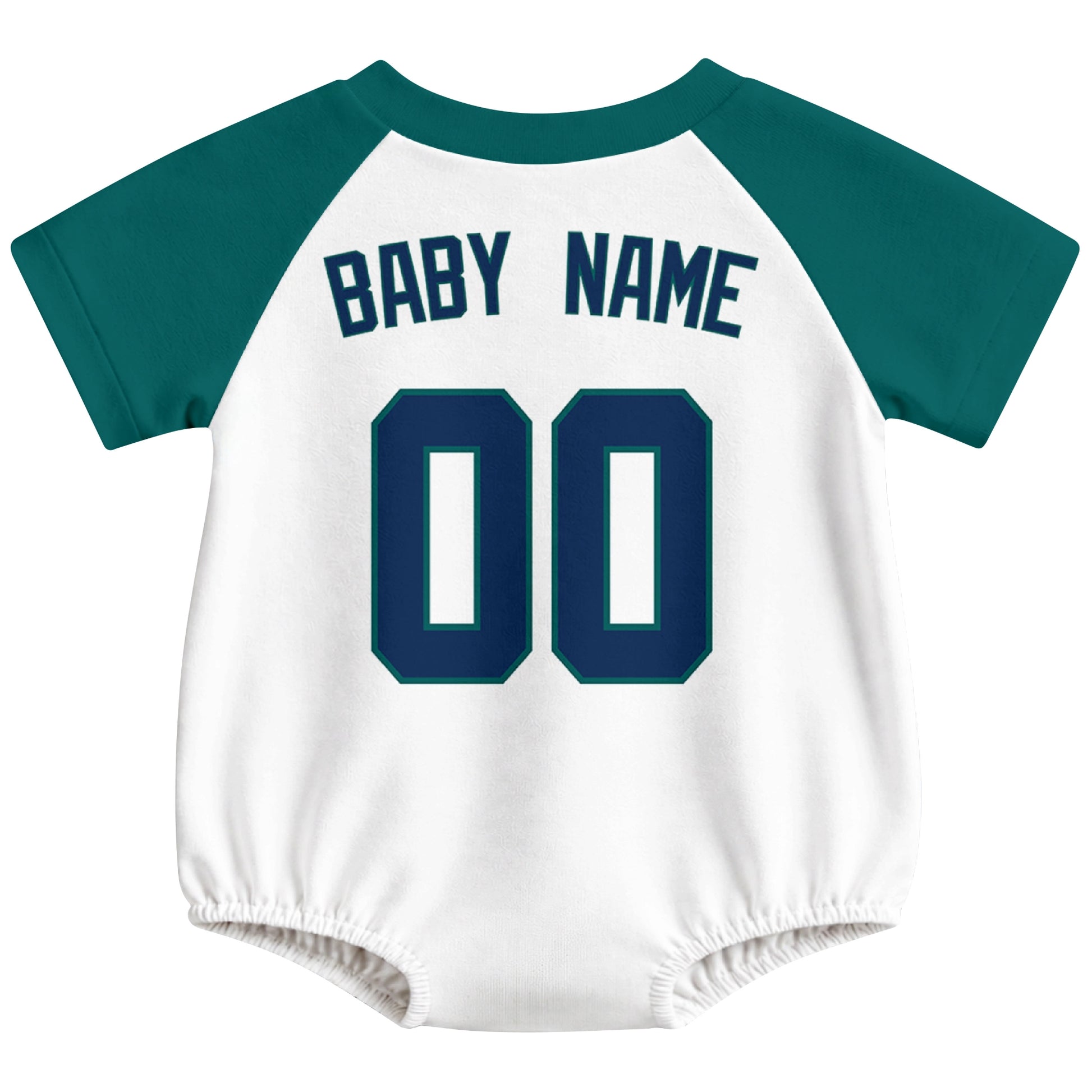 Seattle baseball baby bodysuit back view in White color style with custom baby name and number