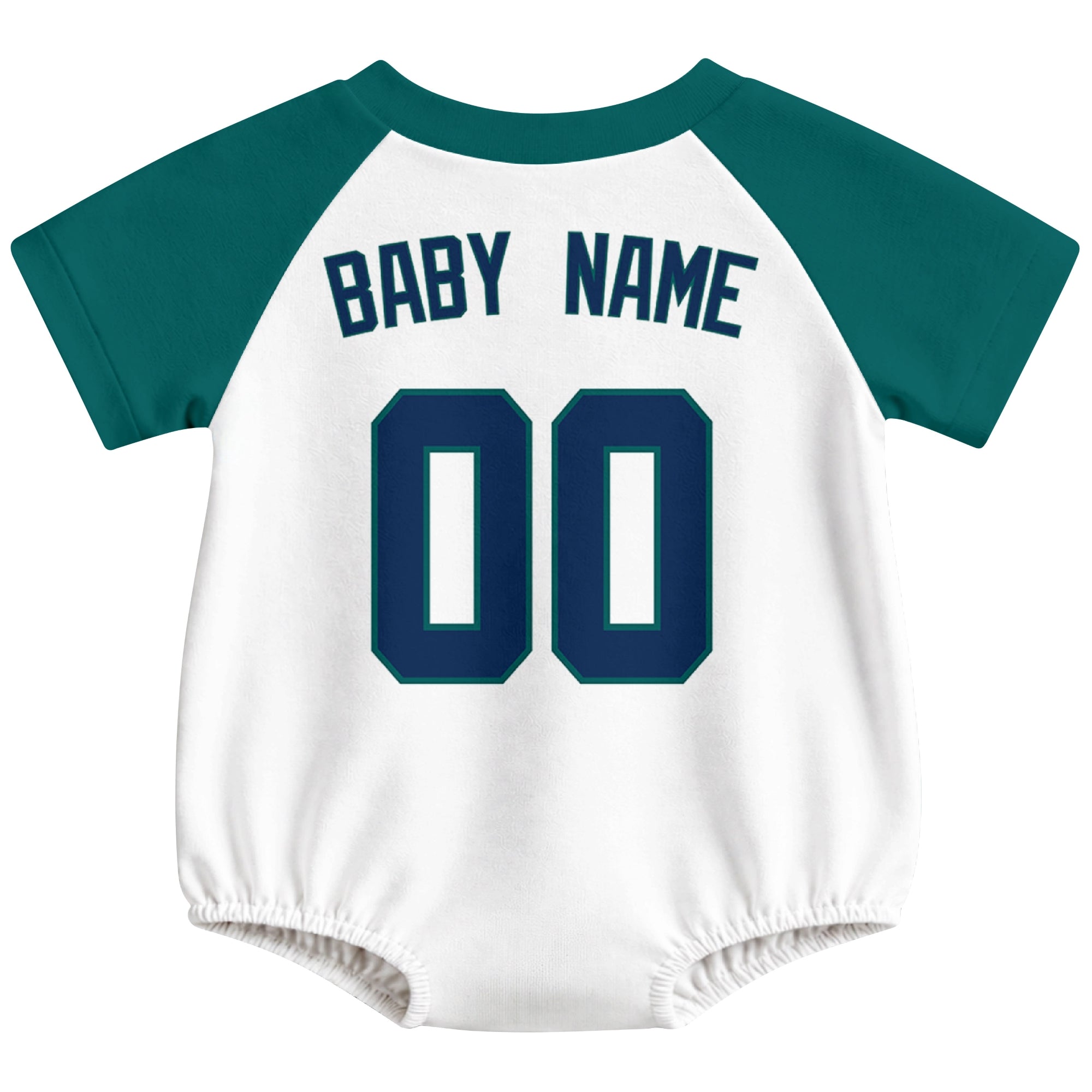 Seattle baseball baby bodysuit back view in White color style with custom baby name and number
