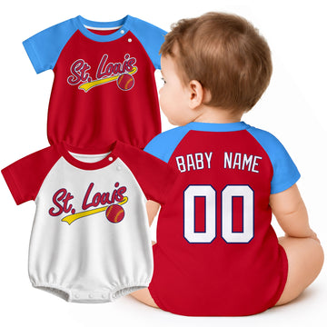Personalized St. Louis baseball baby bodysuit shown on baby with city-color style