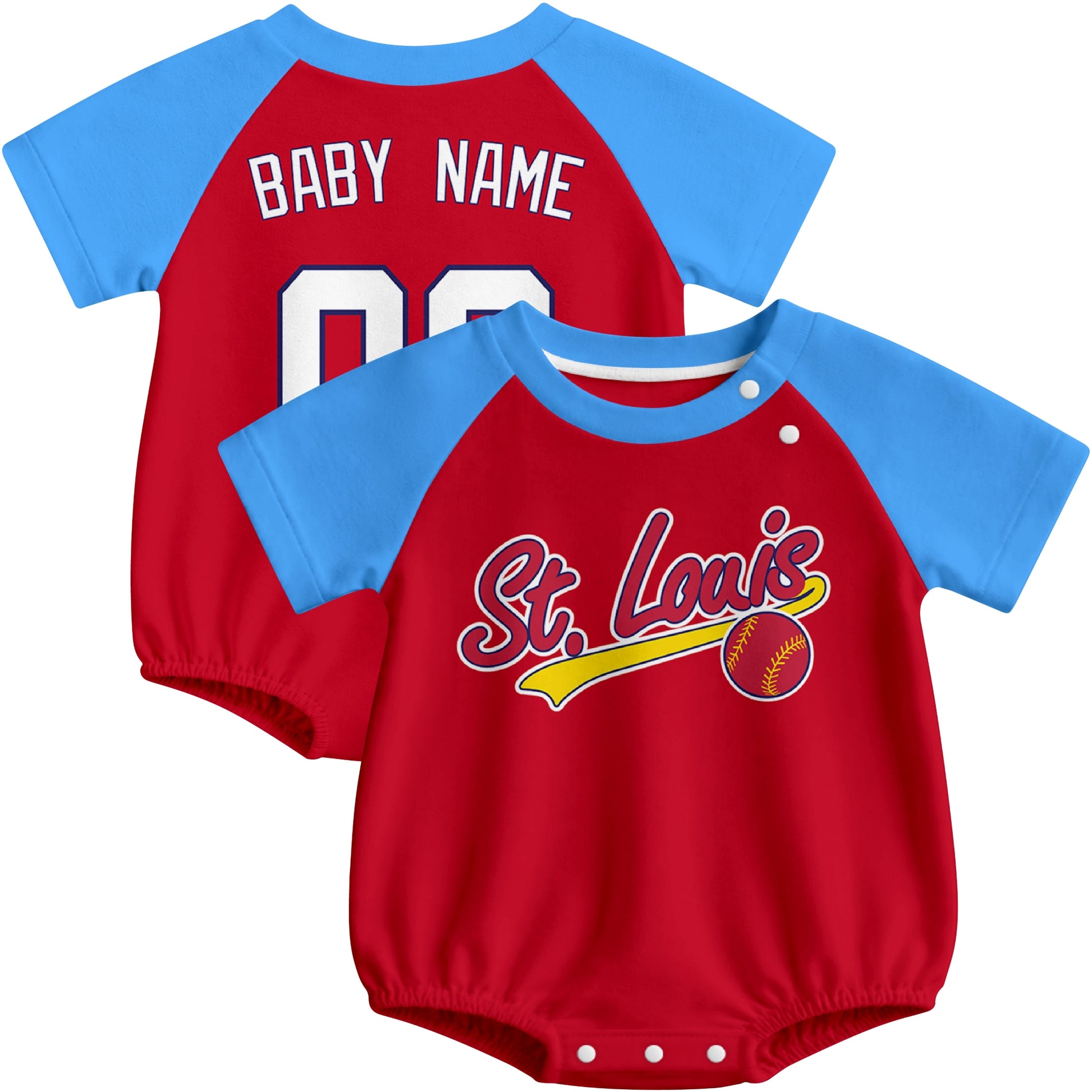 St. Louis baseball baby bodysuit front and back view in Red color style