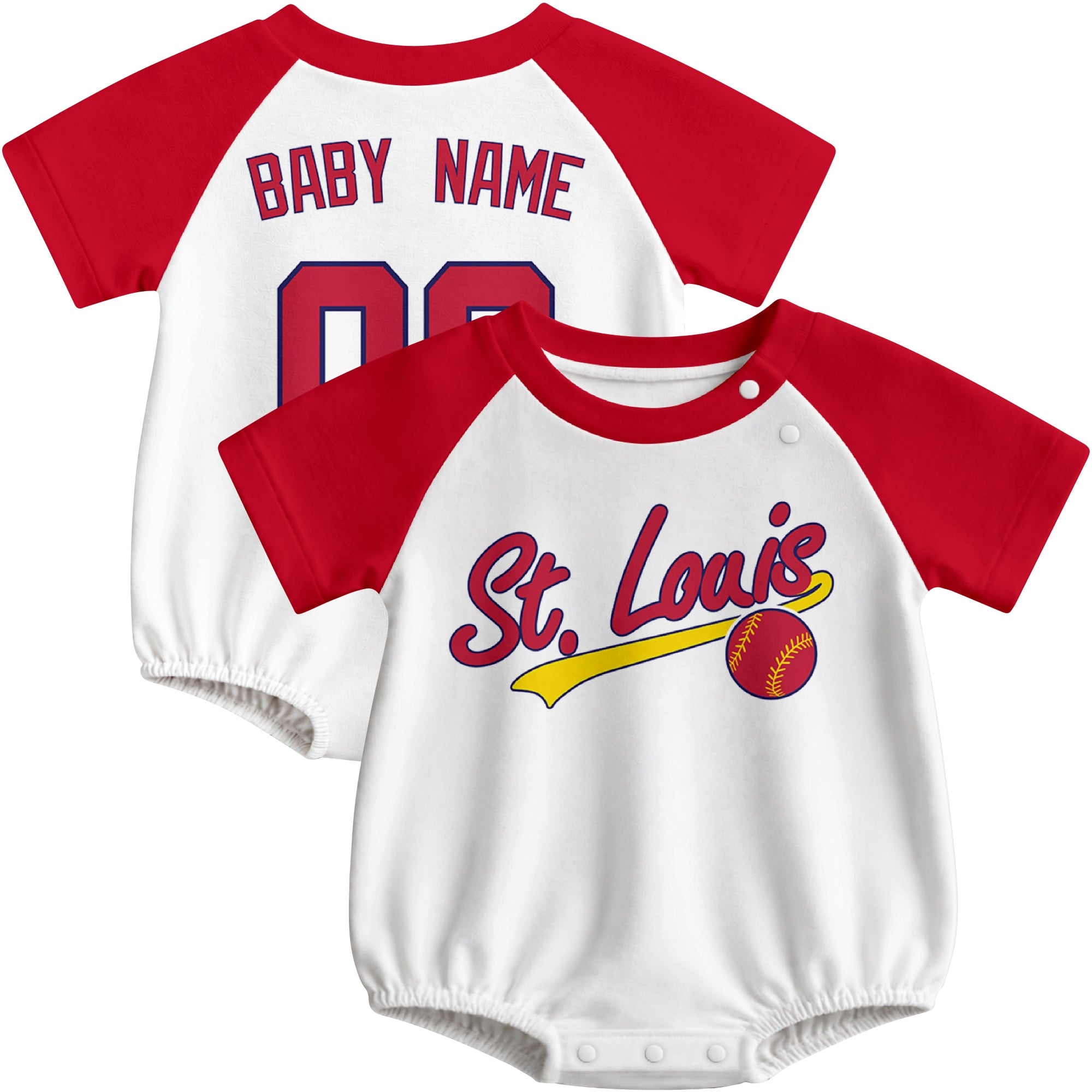 St. Louis baseball baby bodysuit front and back view in White color style