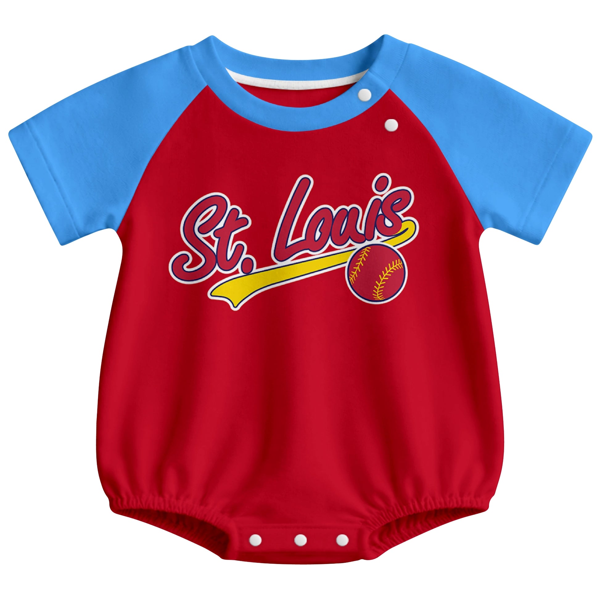 St. Louis baseball baby bodysuit front view in Red color style