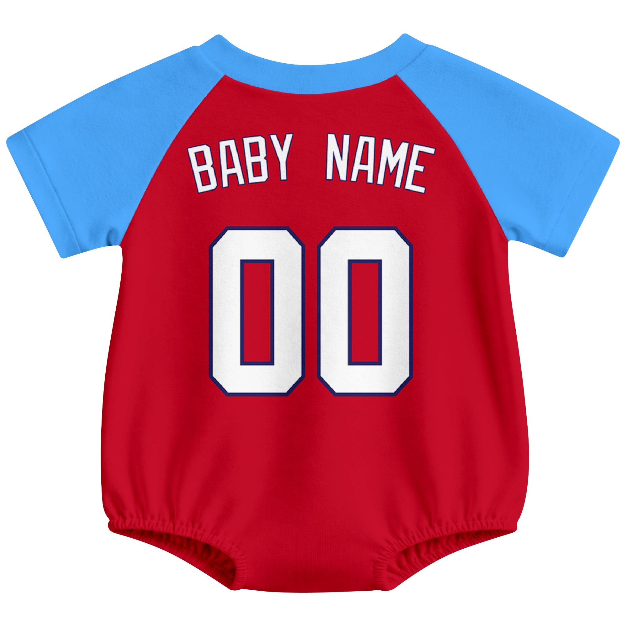 St. Louis baseball baby bodysuit back view in Red color style with custom baby name and number