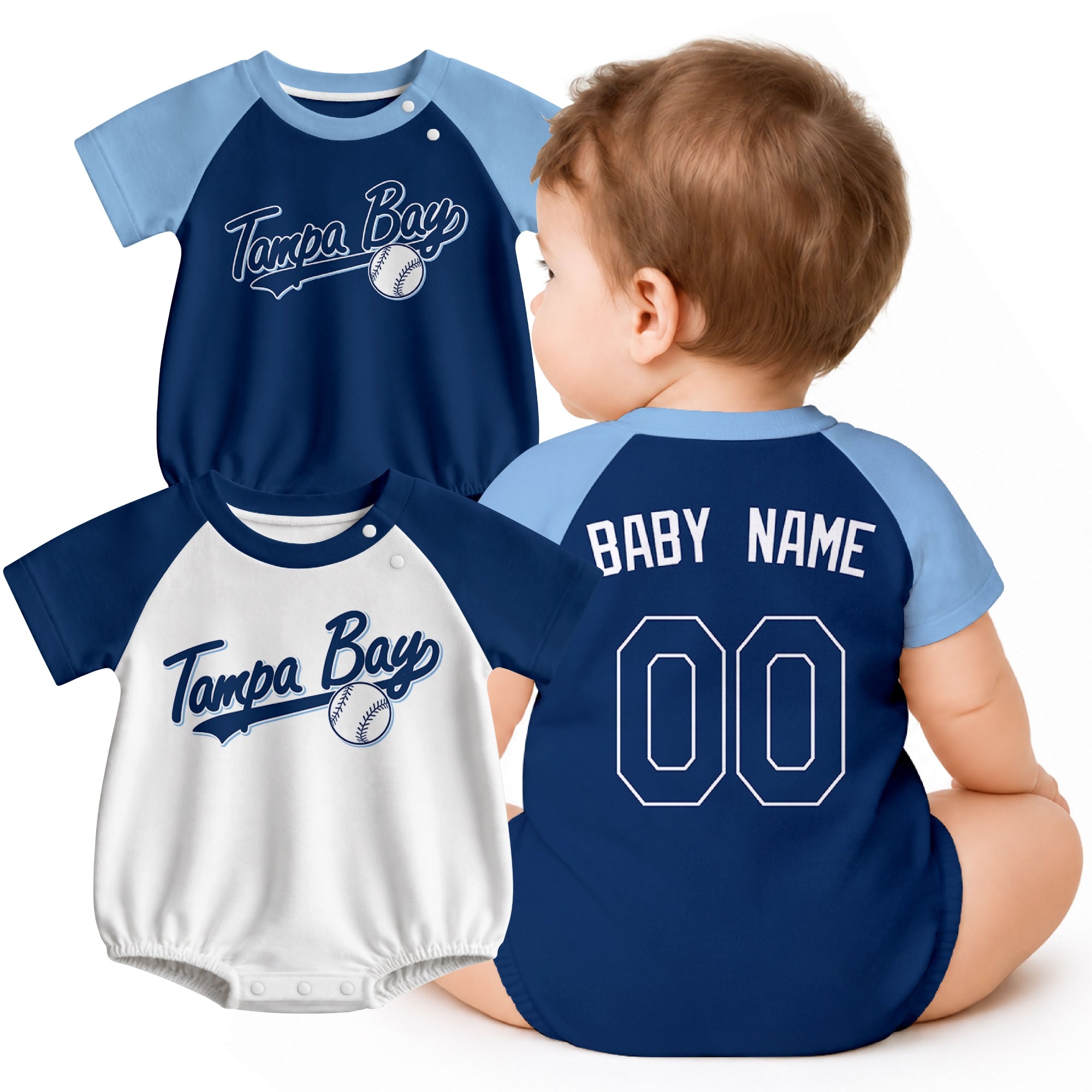 Personalized Tampa Bay baseball baby bodysuit shown on baby with city-color style