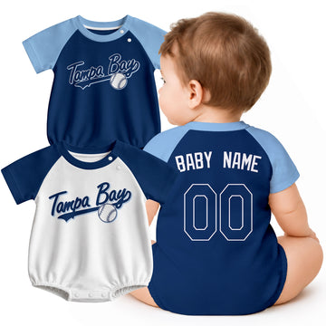 Personalized Tampa Bay baseball baby bodysuit shown on baby with city-color style