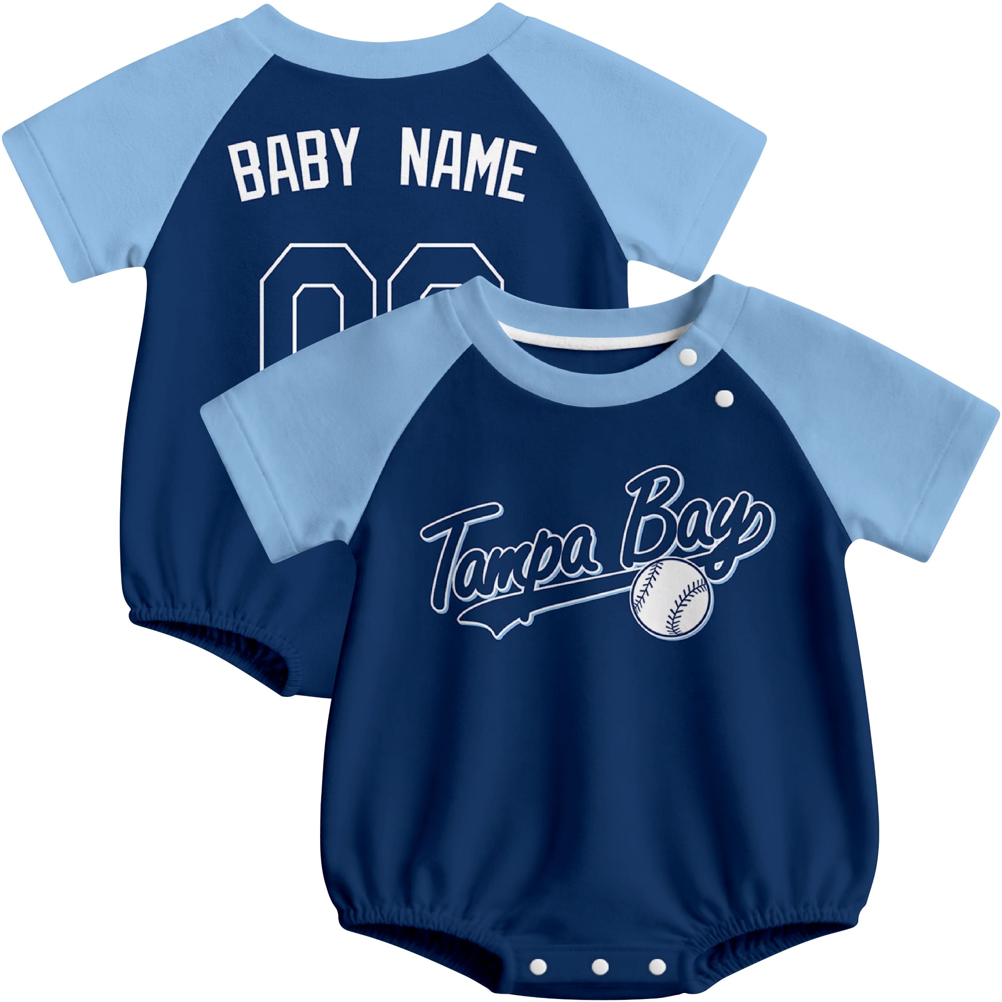 Tampa Bay baseball baby bodysuit front and back view in Navy color style