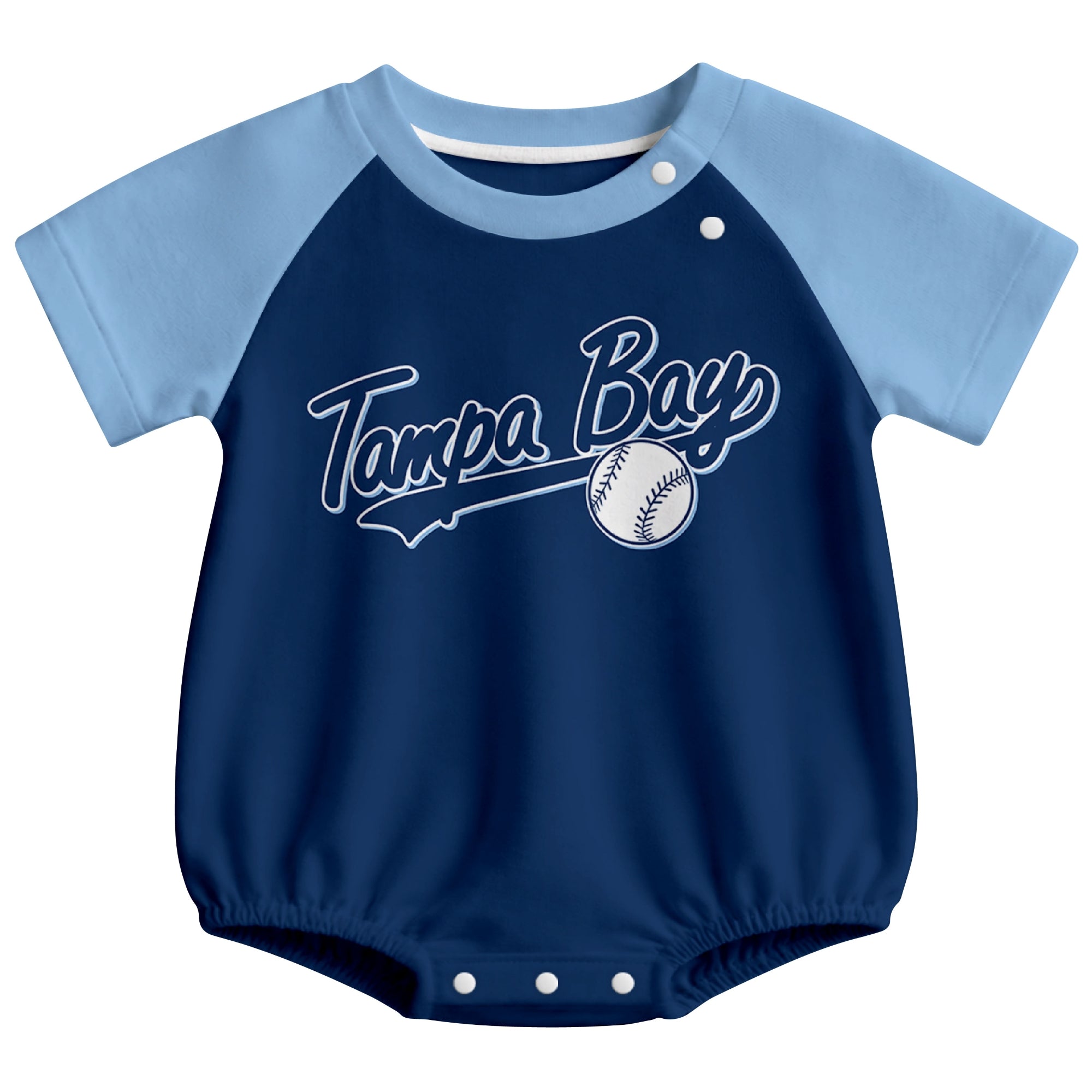Tampa Bay baseball baby bodysuit front view in Navy color style