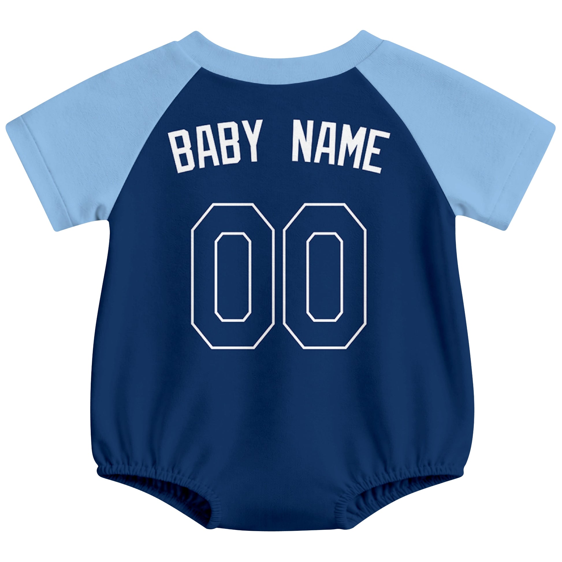 Tampa Bay baseball baby bodysuit back view in Navy color style with custom baby name and number