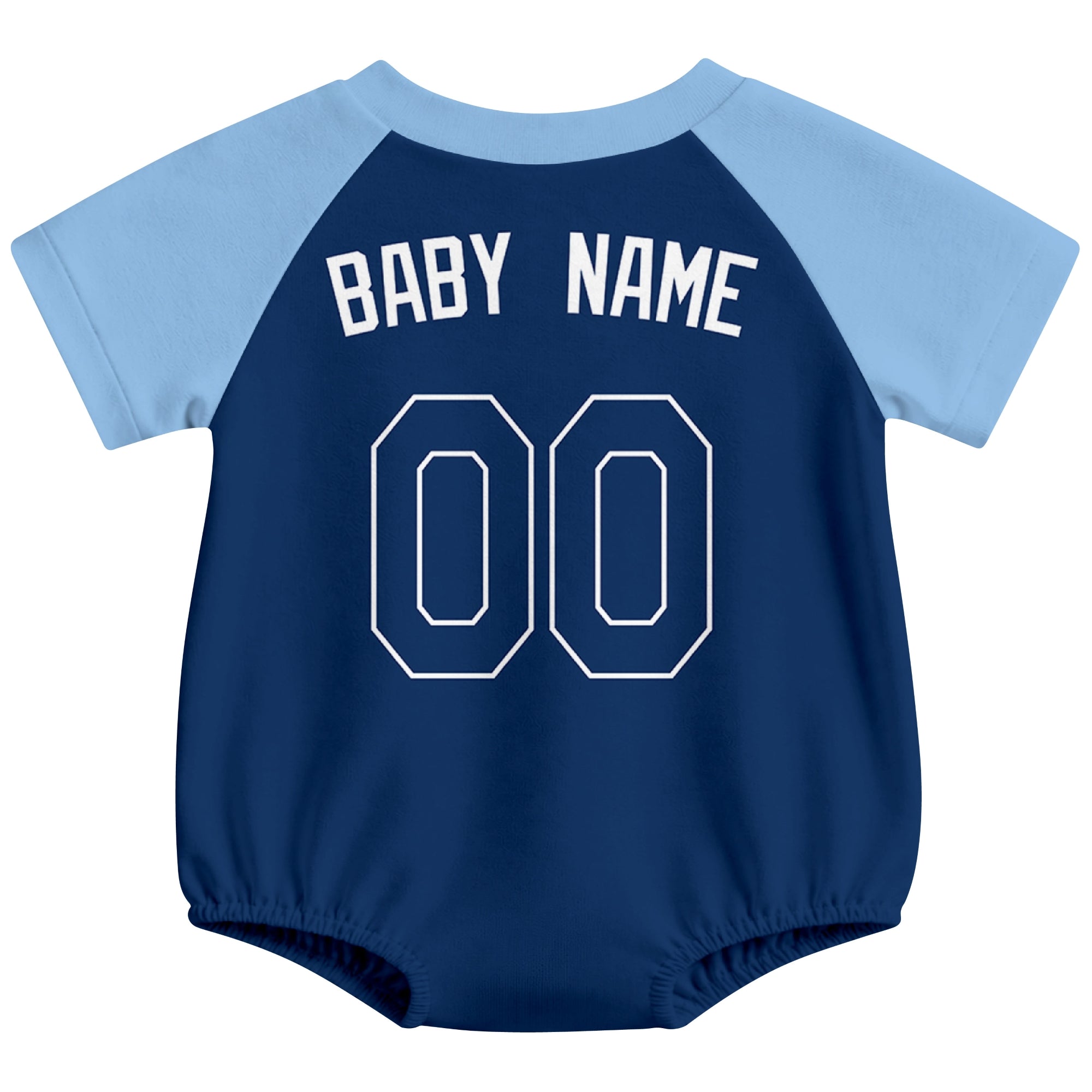 Tampa Bay baseball baby bodysuit back view in Navy color style with custom baby name and number