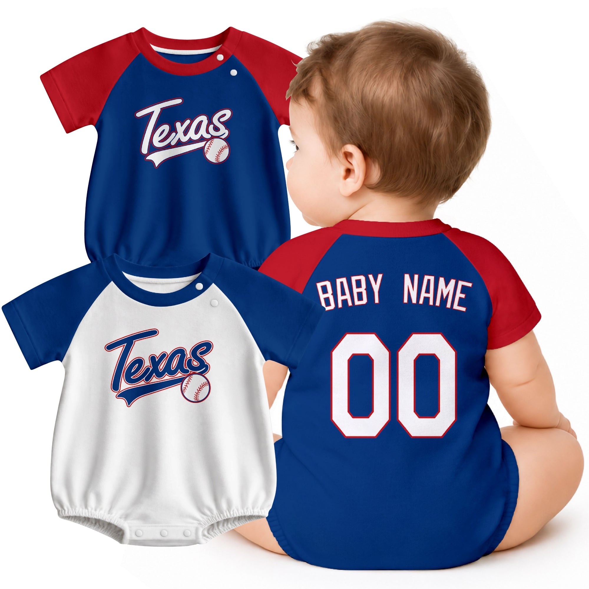Personalized Texas baseball baby bodysuit shown on baby with city-color style