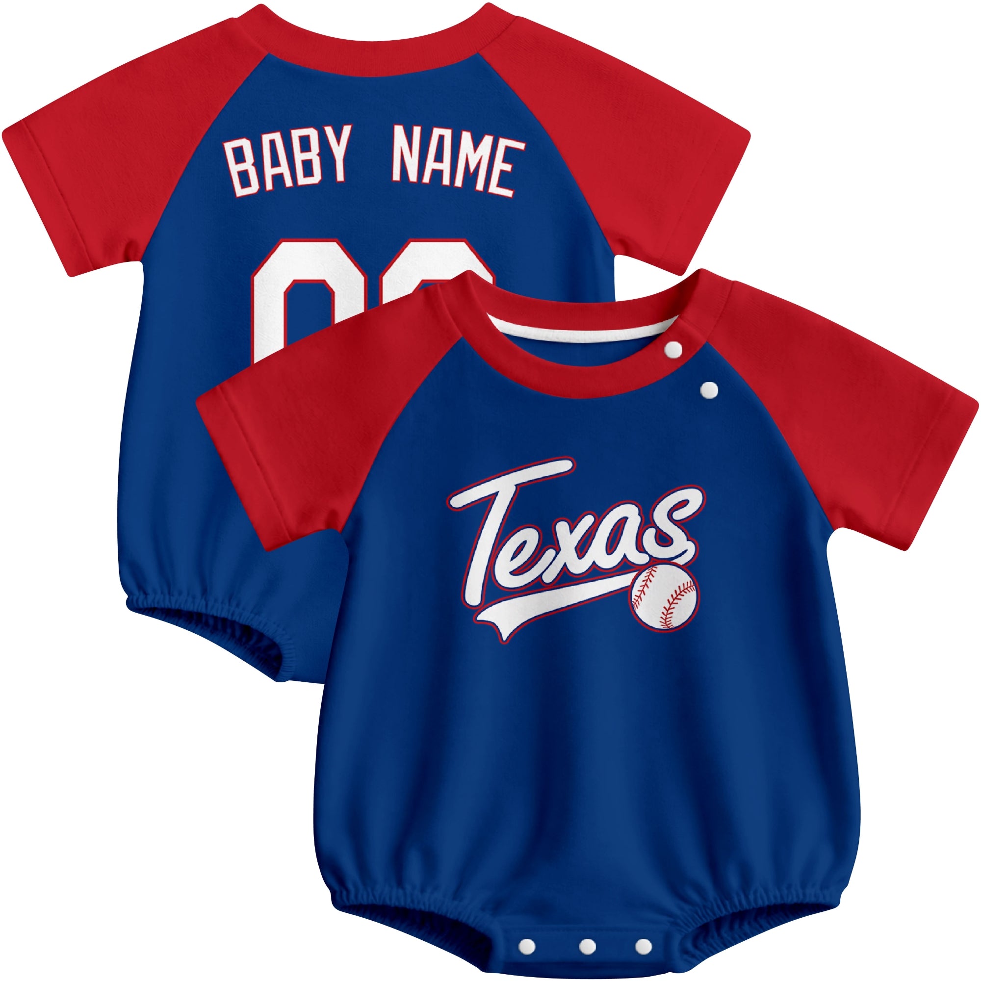 Texas baseball baby bodysuit front and back view in Royal color style