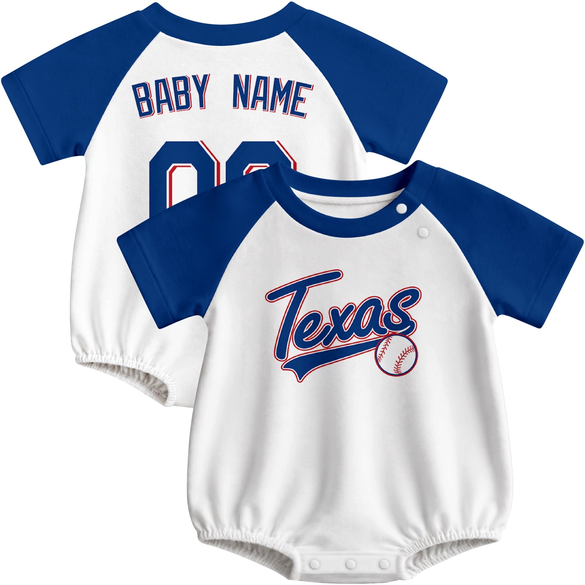 Texas baseball baby bodysuit front and back view in White color style