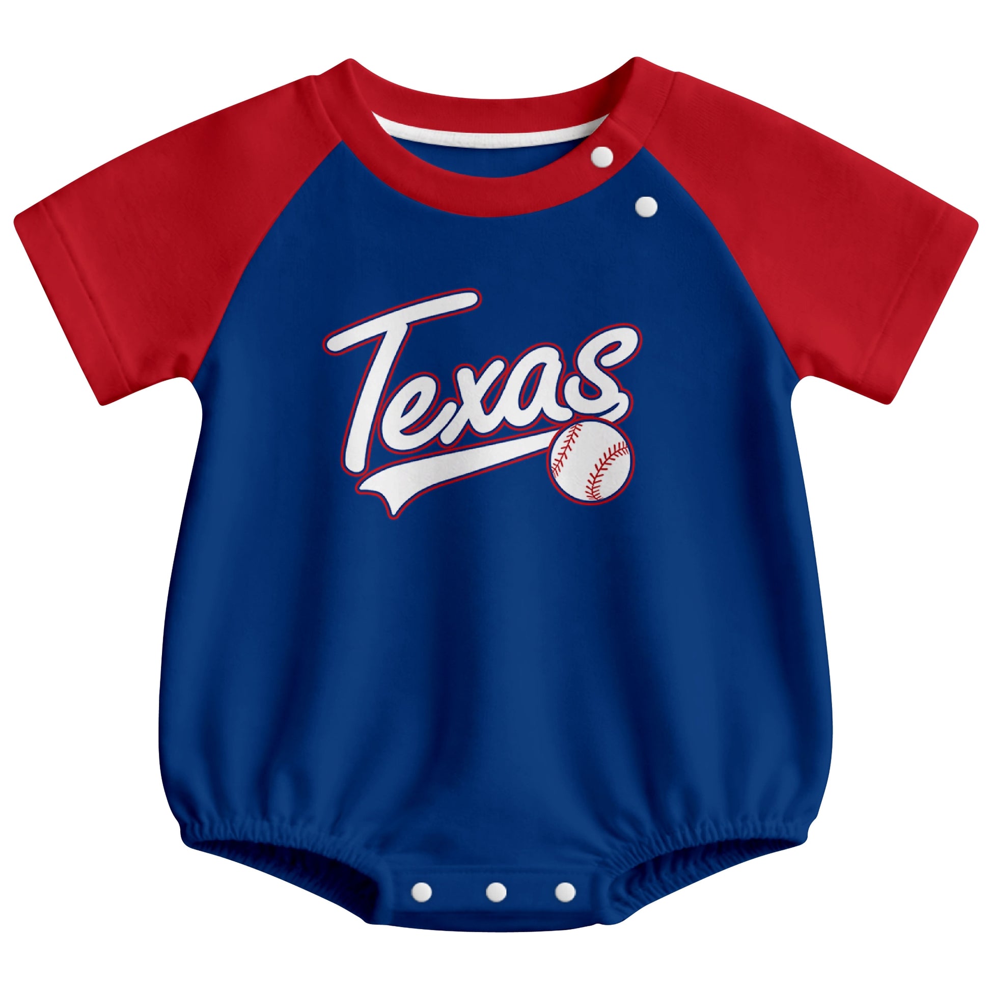 Texas baseball baby bodysuit front view in Royal color style
