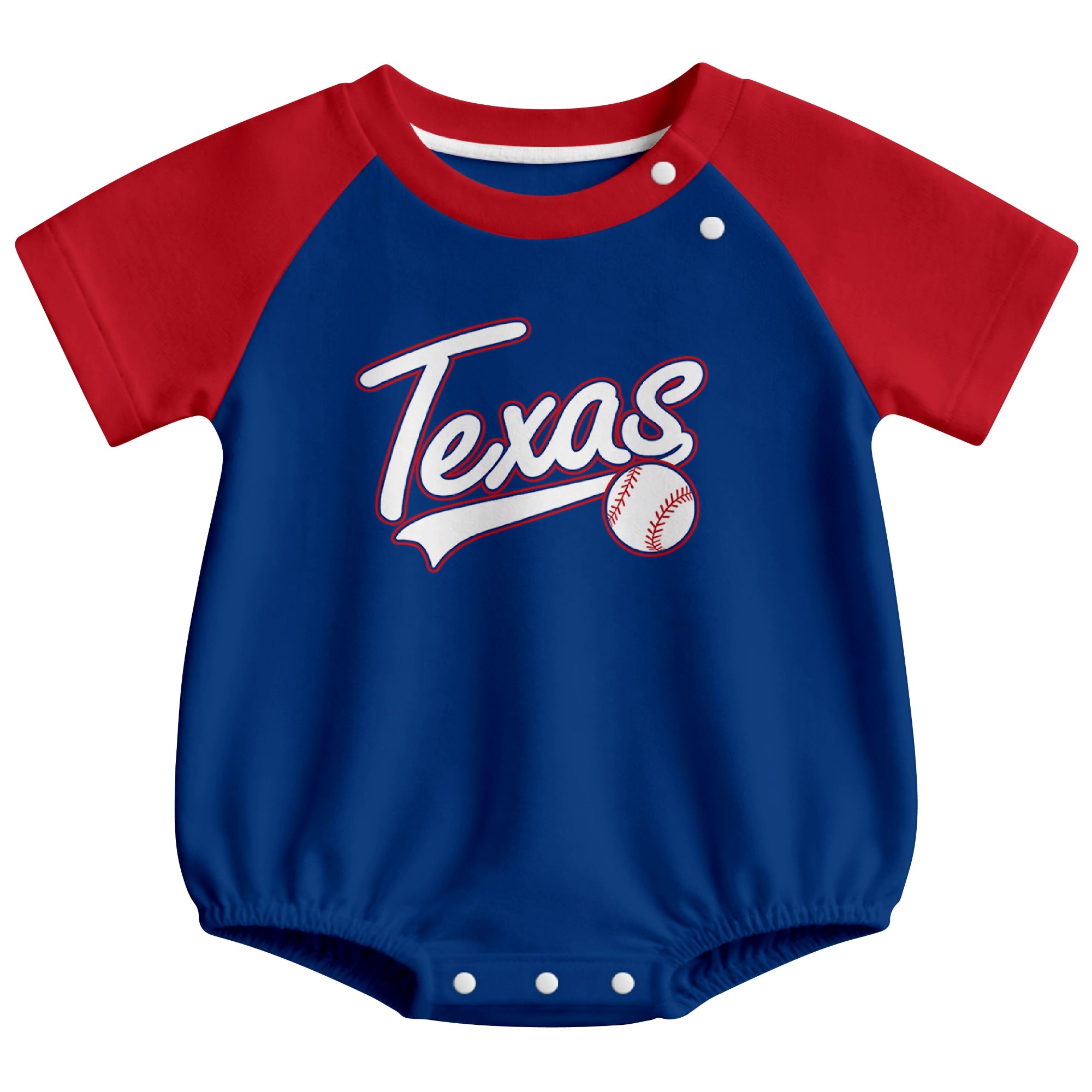Texas baseball baby bodysuit front view in Royal color style
