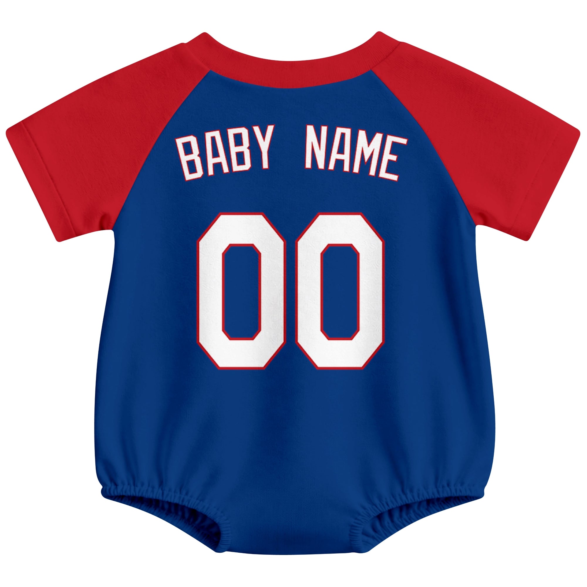 Texas baseball baby bodysuit back view in Royal color style with custom baby name and number