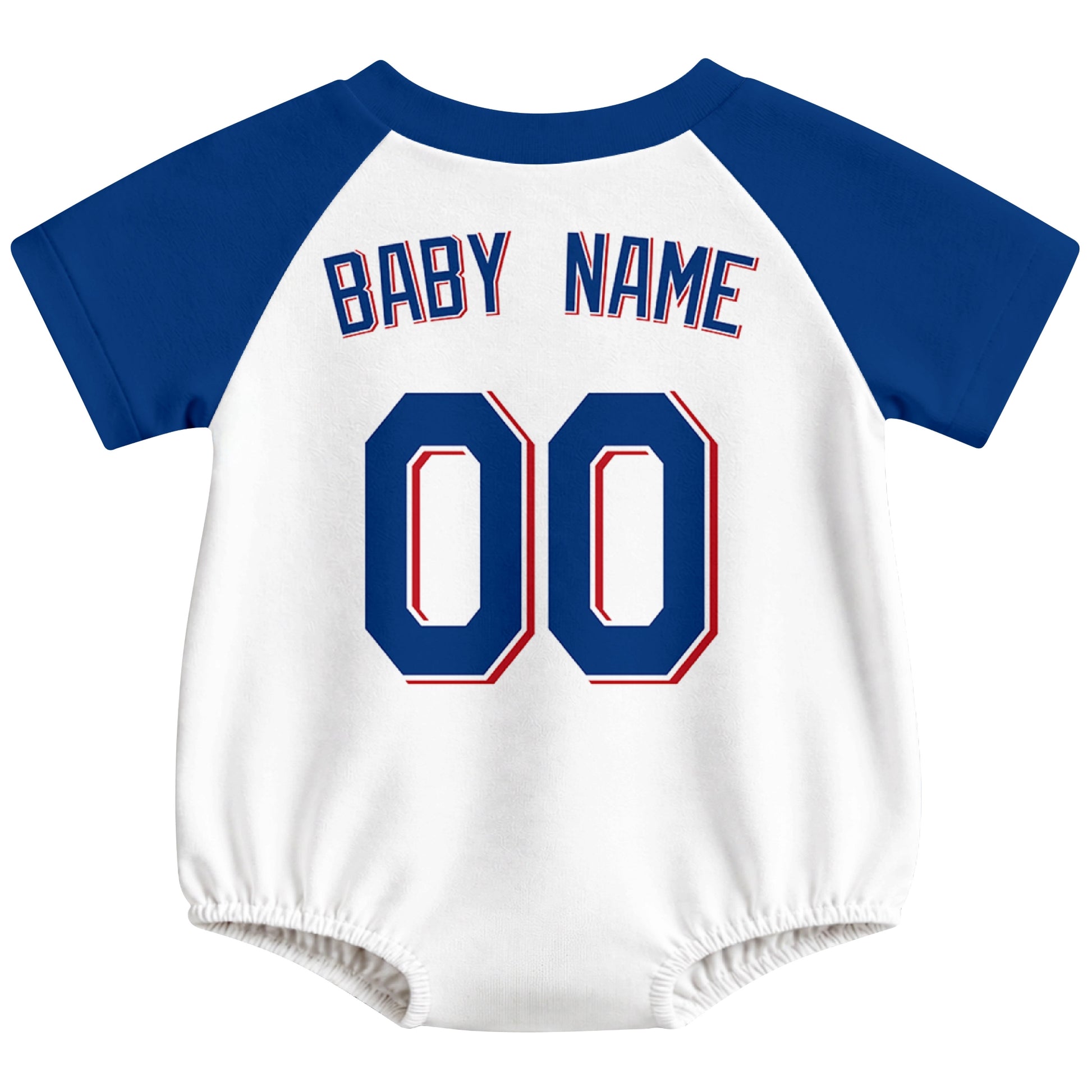 Texas baseball baby bodysuit back view in White color style with custom baby name and number