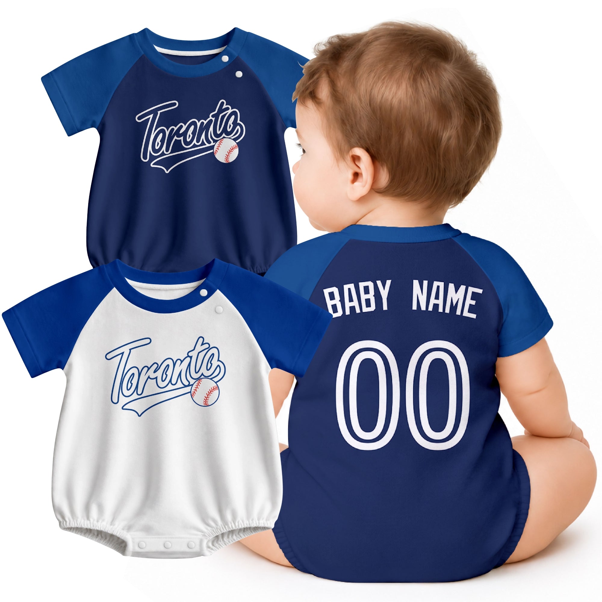 Personalized Toronto baseball baby bodysuit shown on baby with city-color style