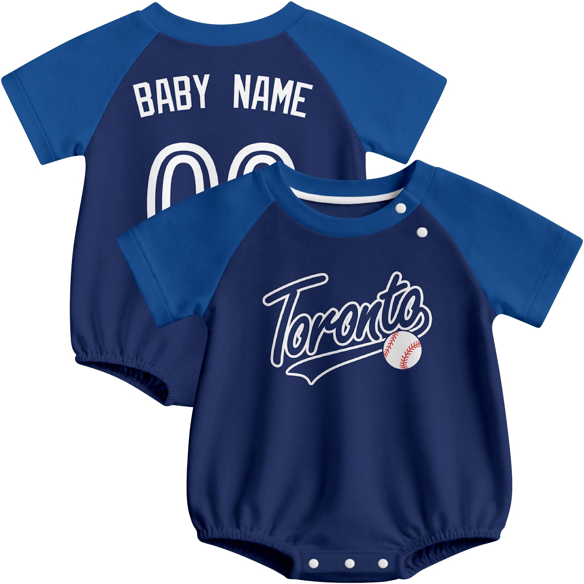 Toronto baseball baby bodysuit front and back view in Royal color style