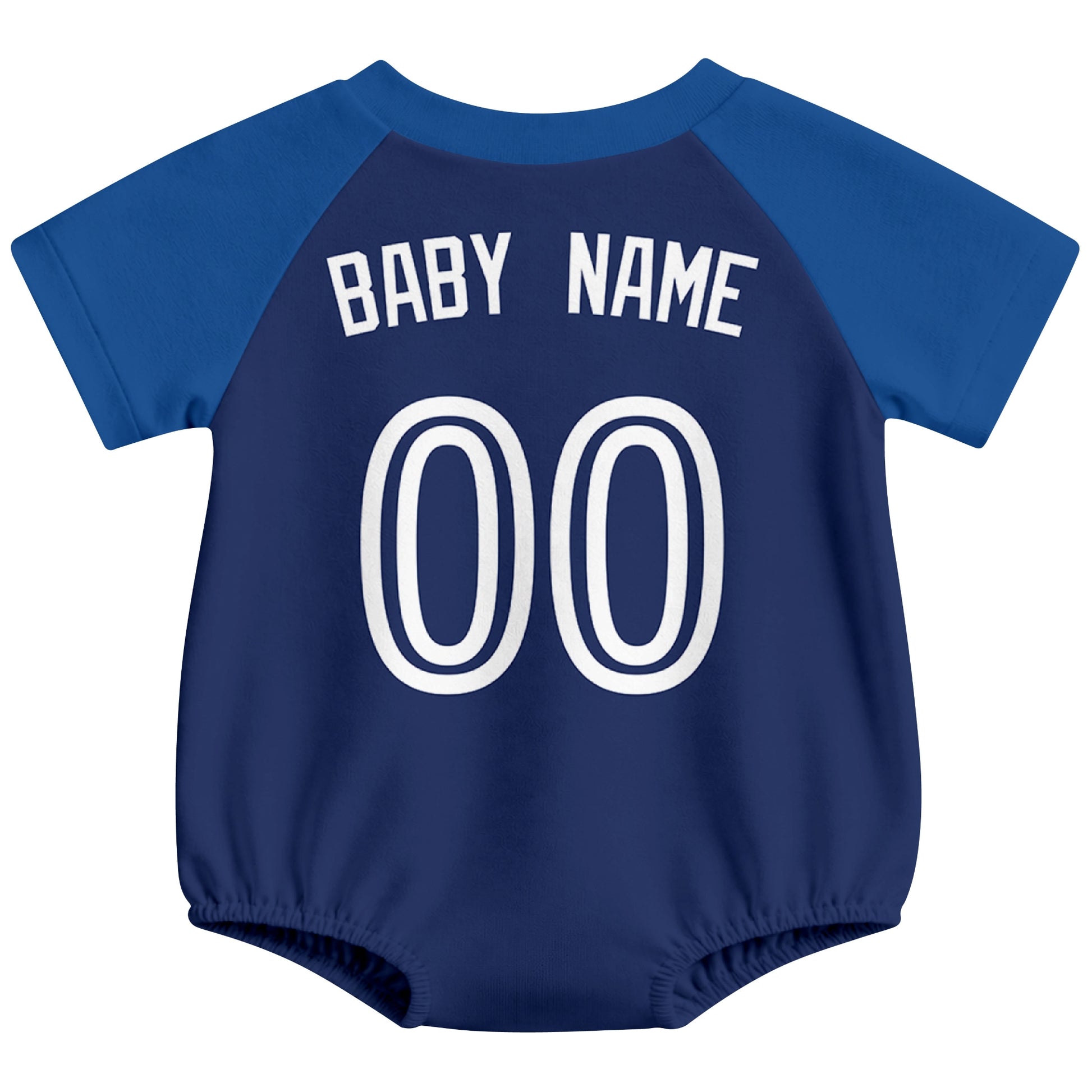 Toronto baseball baby bodysuit back view in Royal color style with custom baby name and number