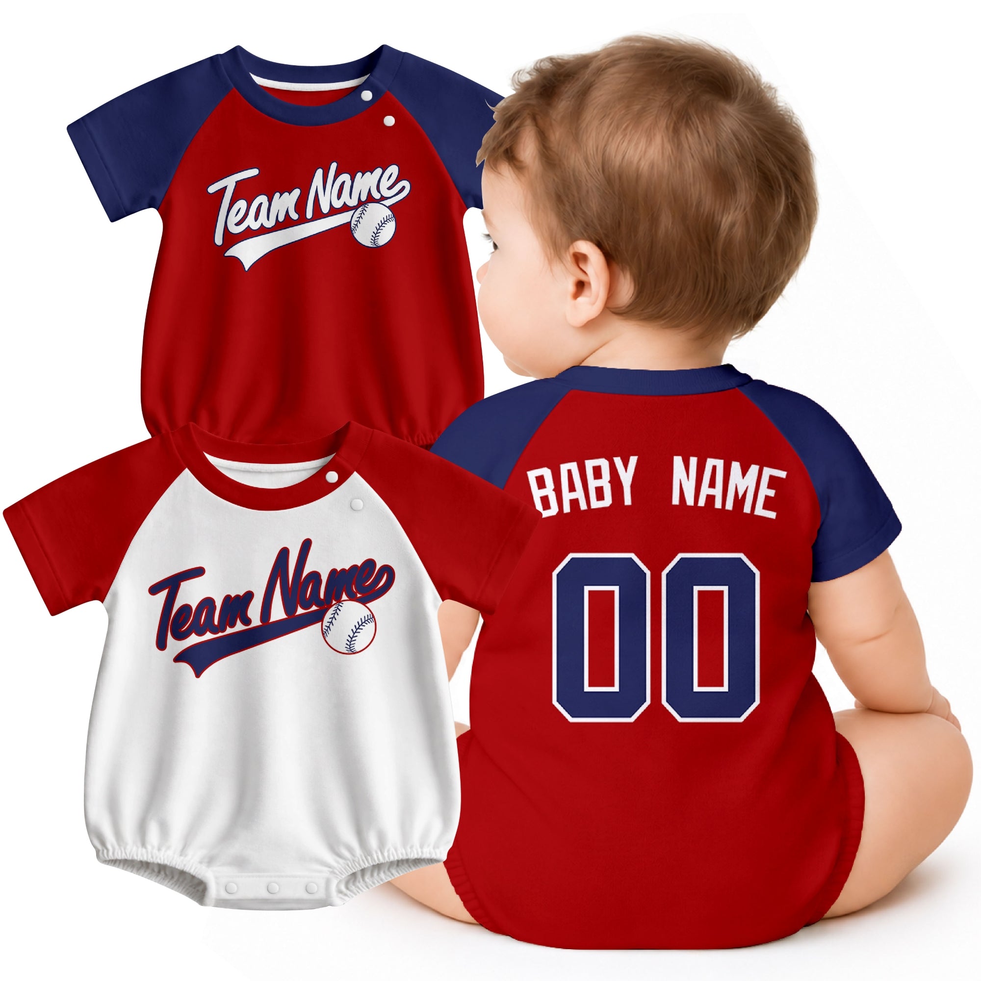 Personalized Washington baseball baby bodysuit shown on baby with city-color style