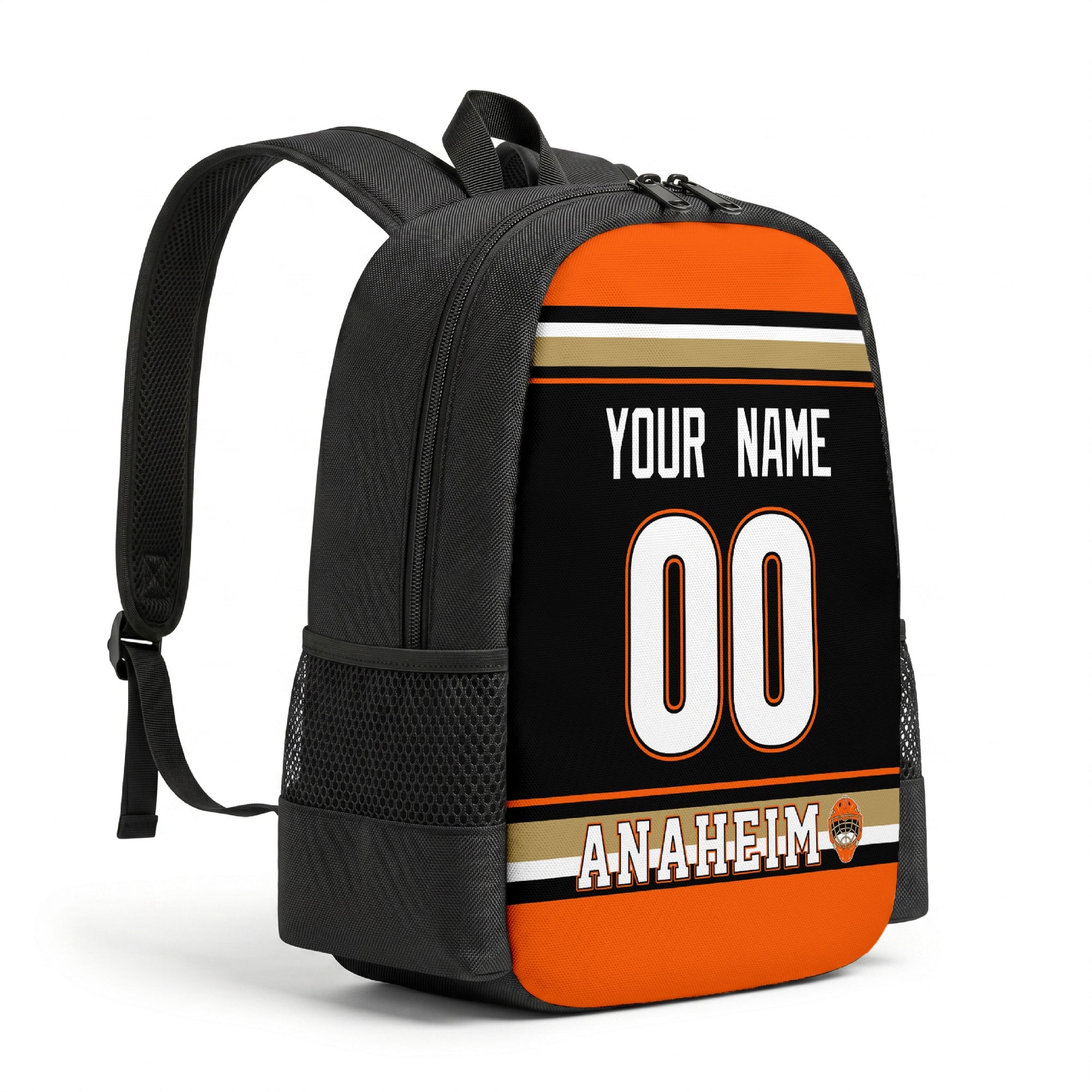 Anaheim hockey backpack angled view with side pocket