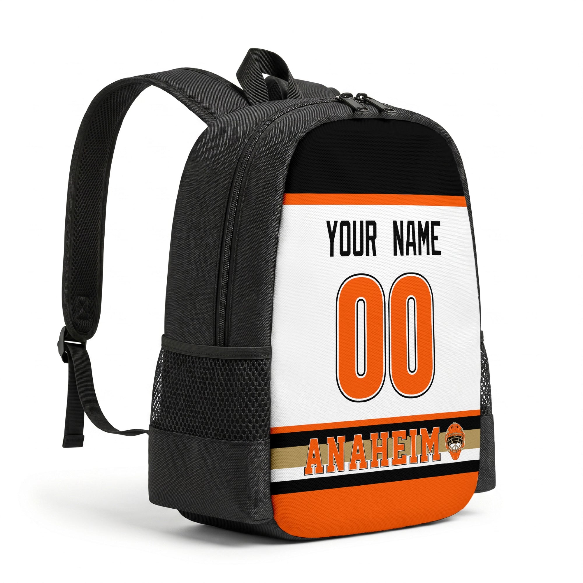 Anaheim personalized hockey backpack alternate angled view with side pocket