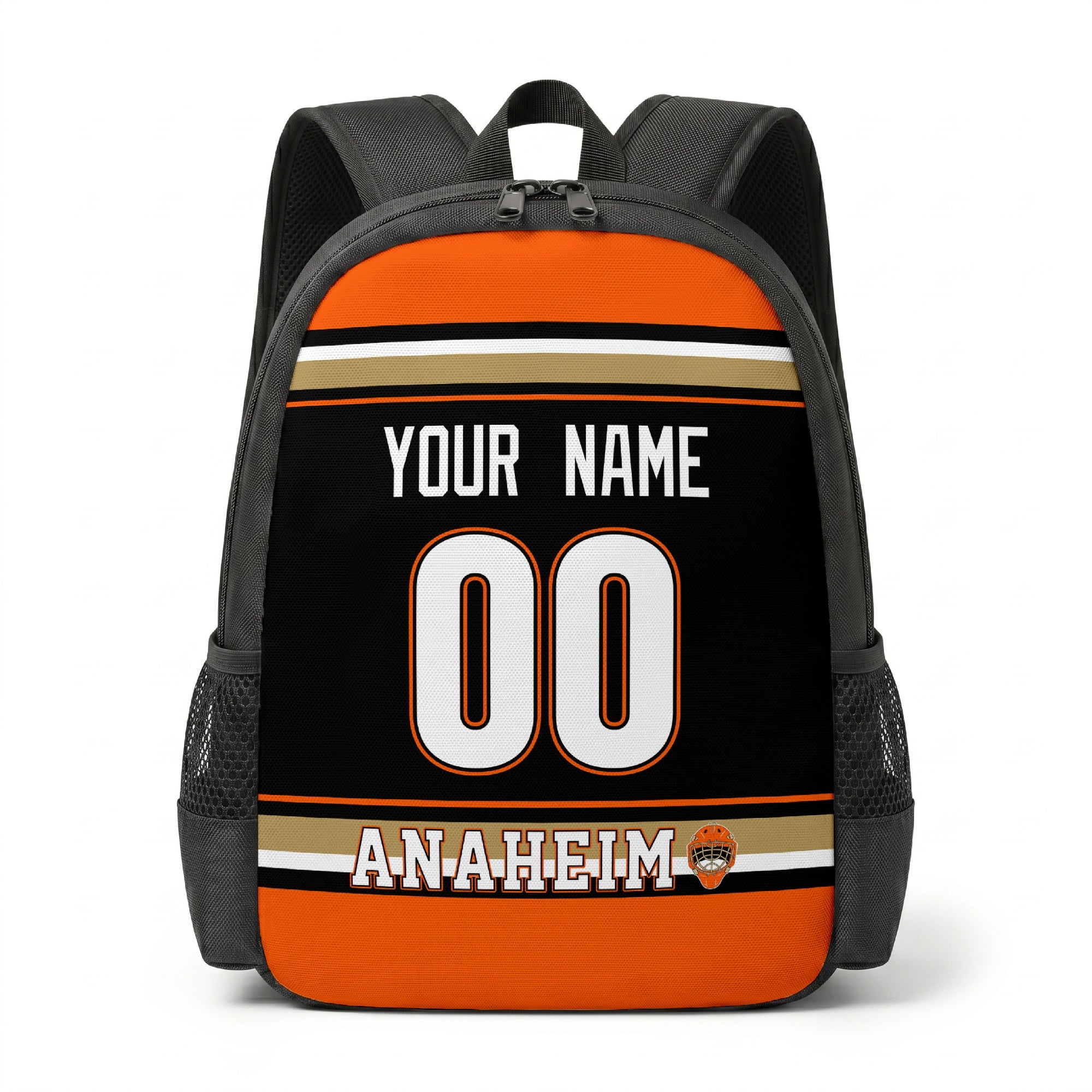 Anaheim hockey backpack front view with custom name and number