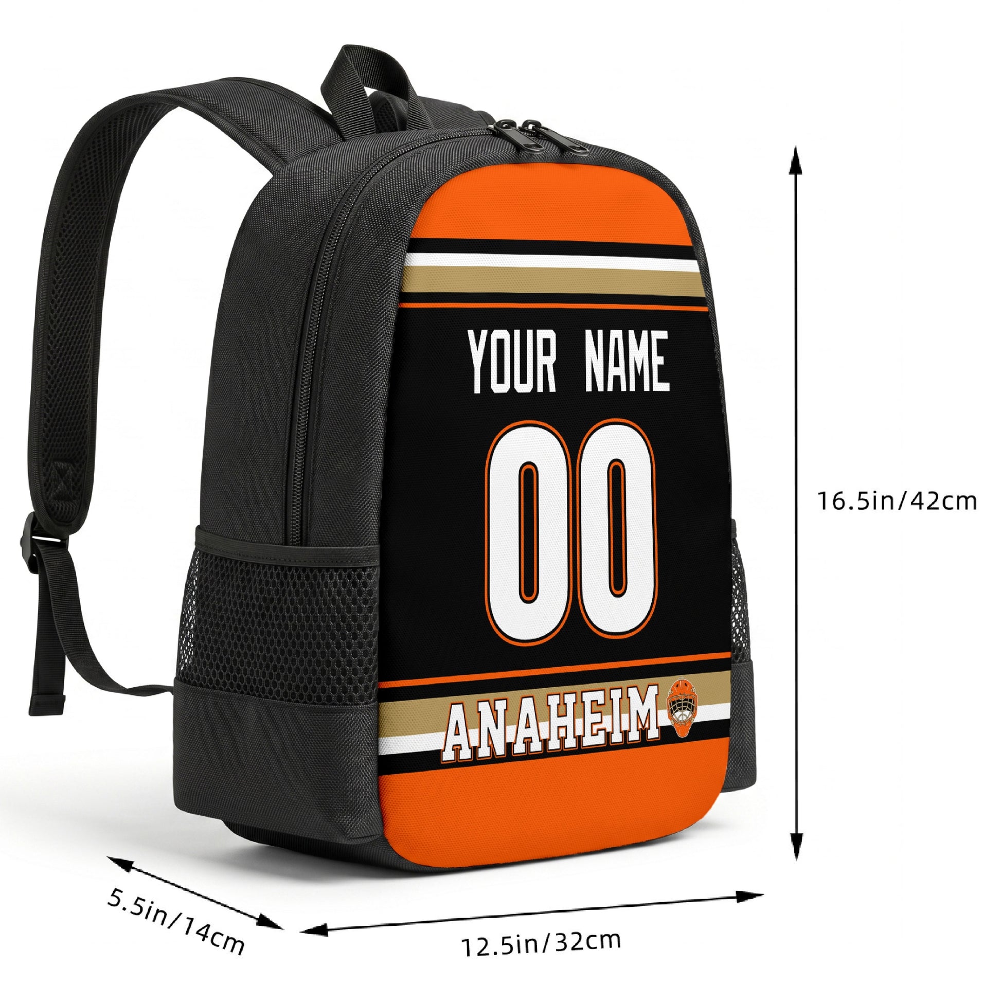 Anaheim custom hockey backpack size chart 16.5 by 12.5 by 5.5 inches