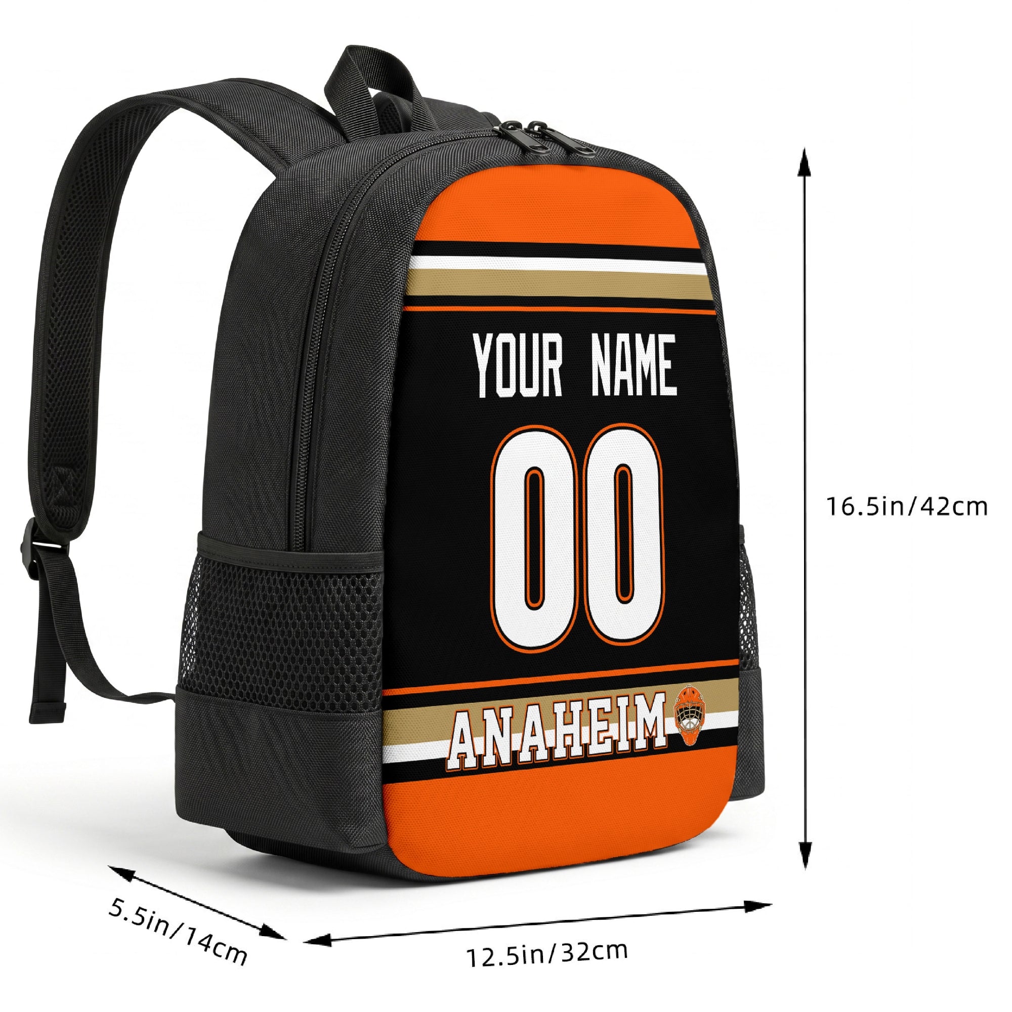 Anaheim custom hockey backpack size chart 16.5 by 12.5 by 5.5 inches