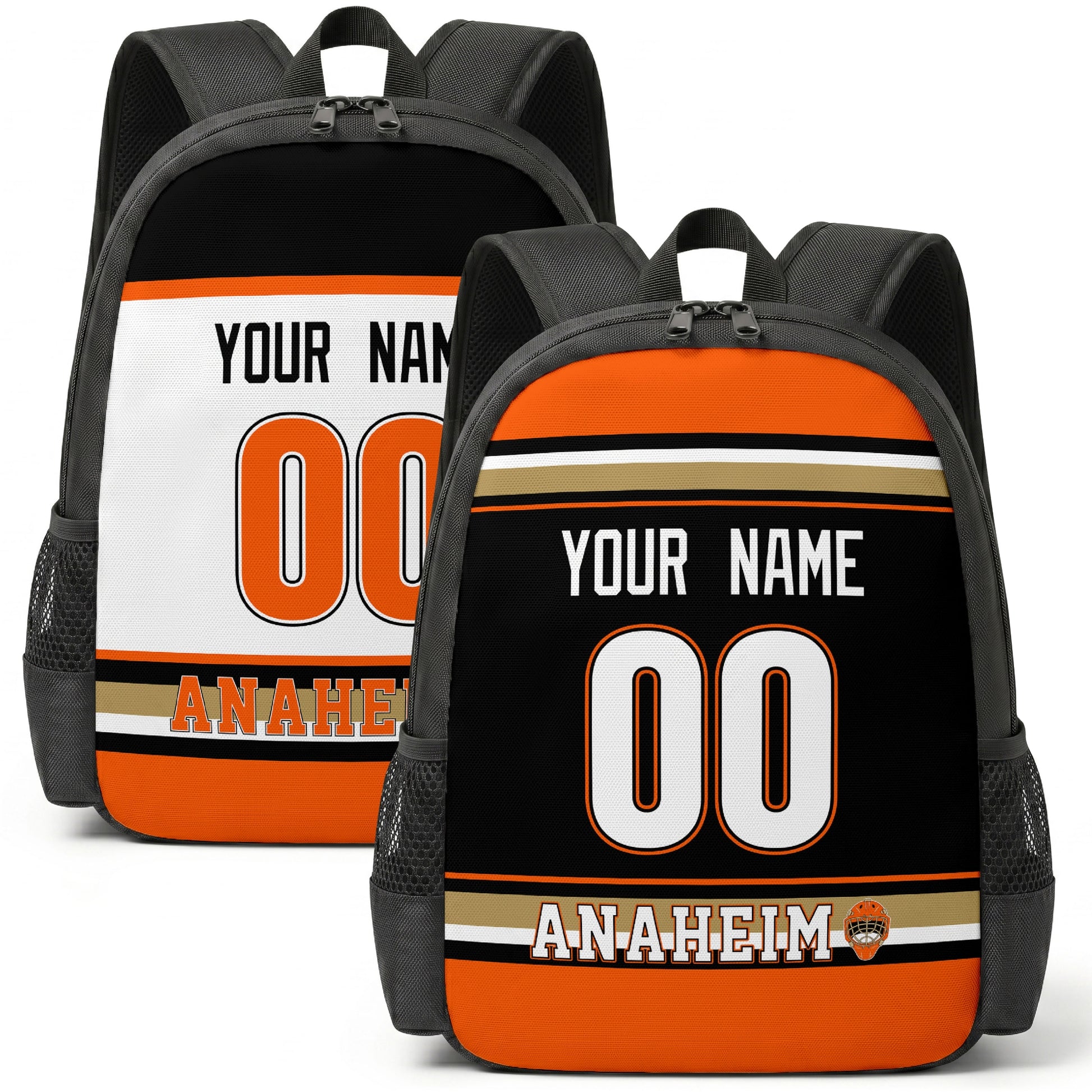 Custom hockey backpack for Anaheim fans with name and number preview
