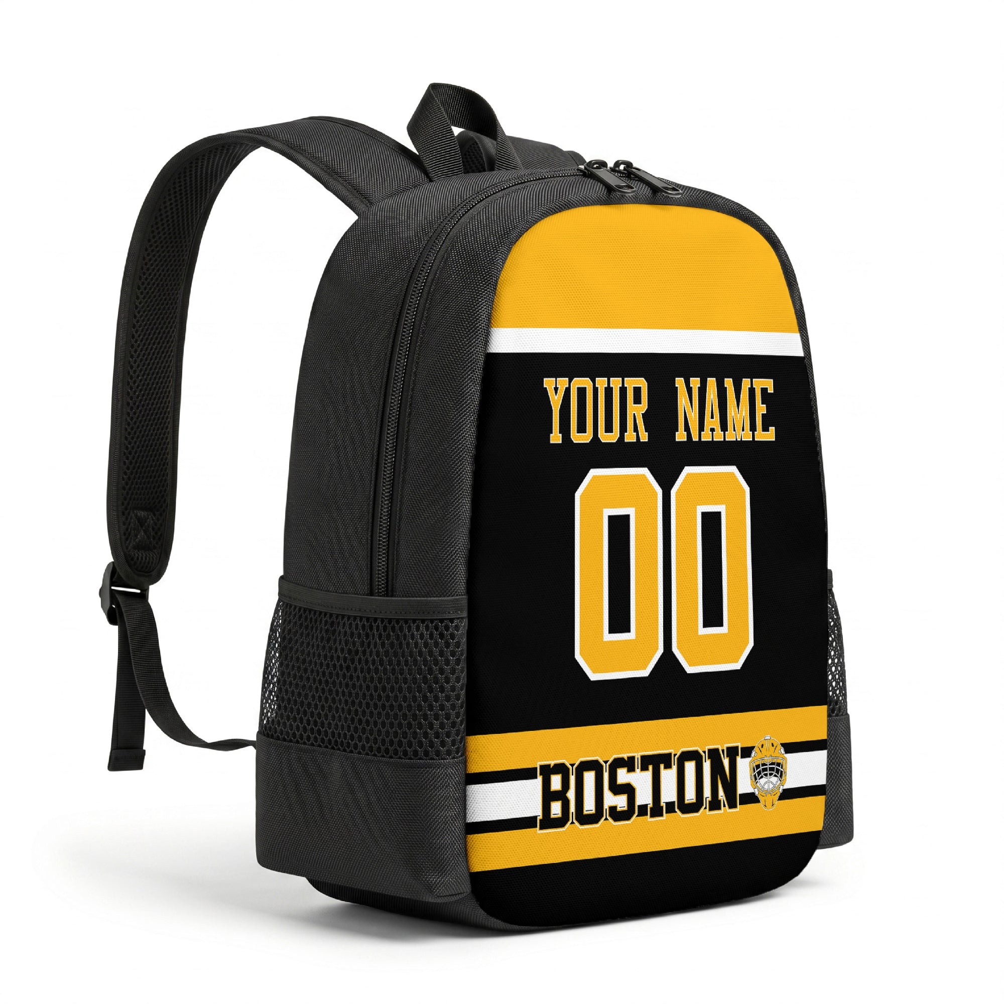 Boston hockey backpack angled view with side pocket
