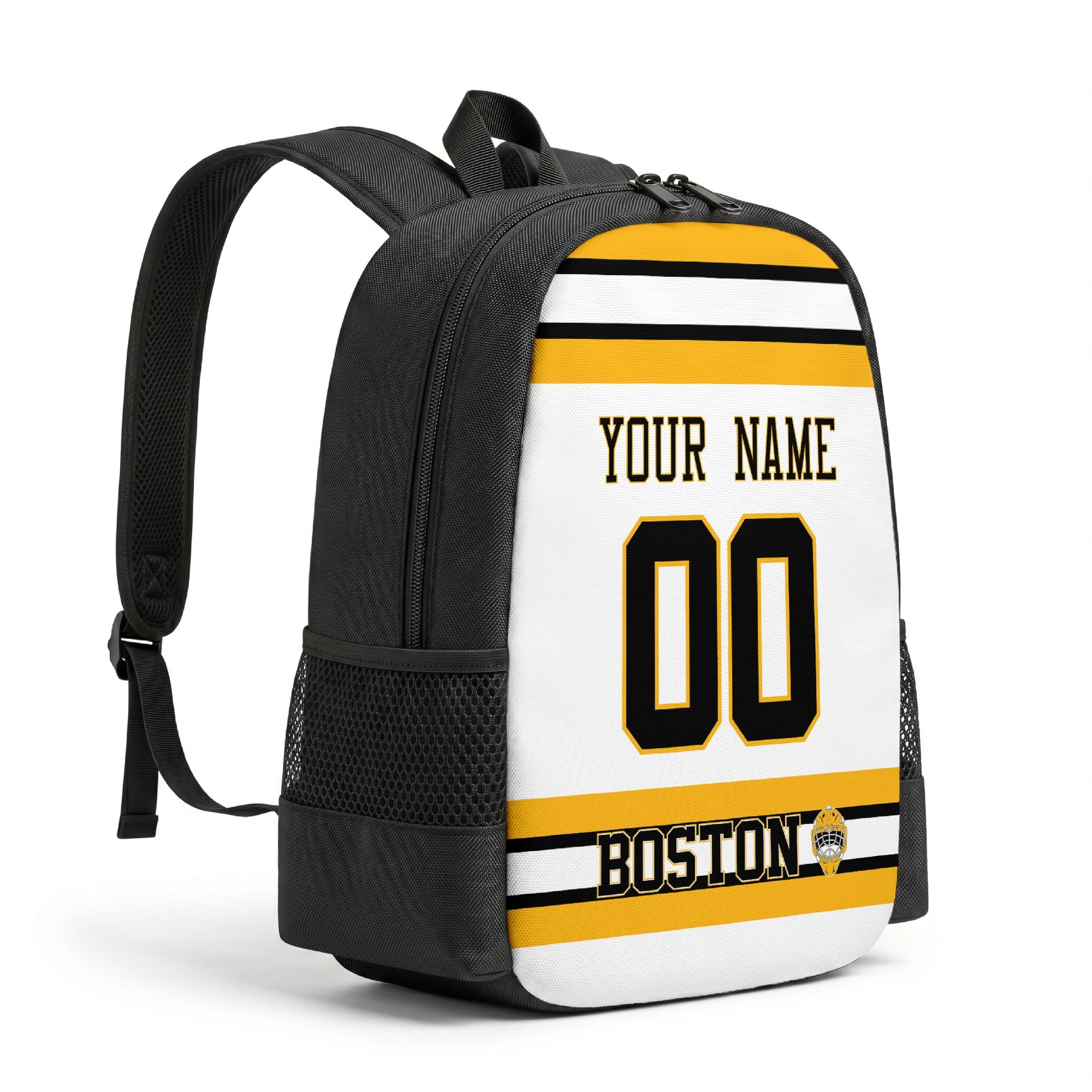Boston personalized hockey backpack alternate angled view with side pocket