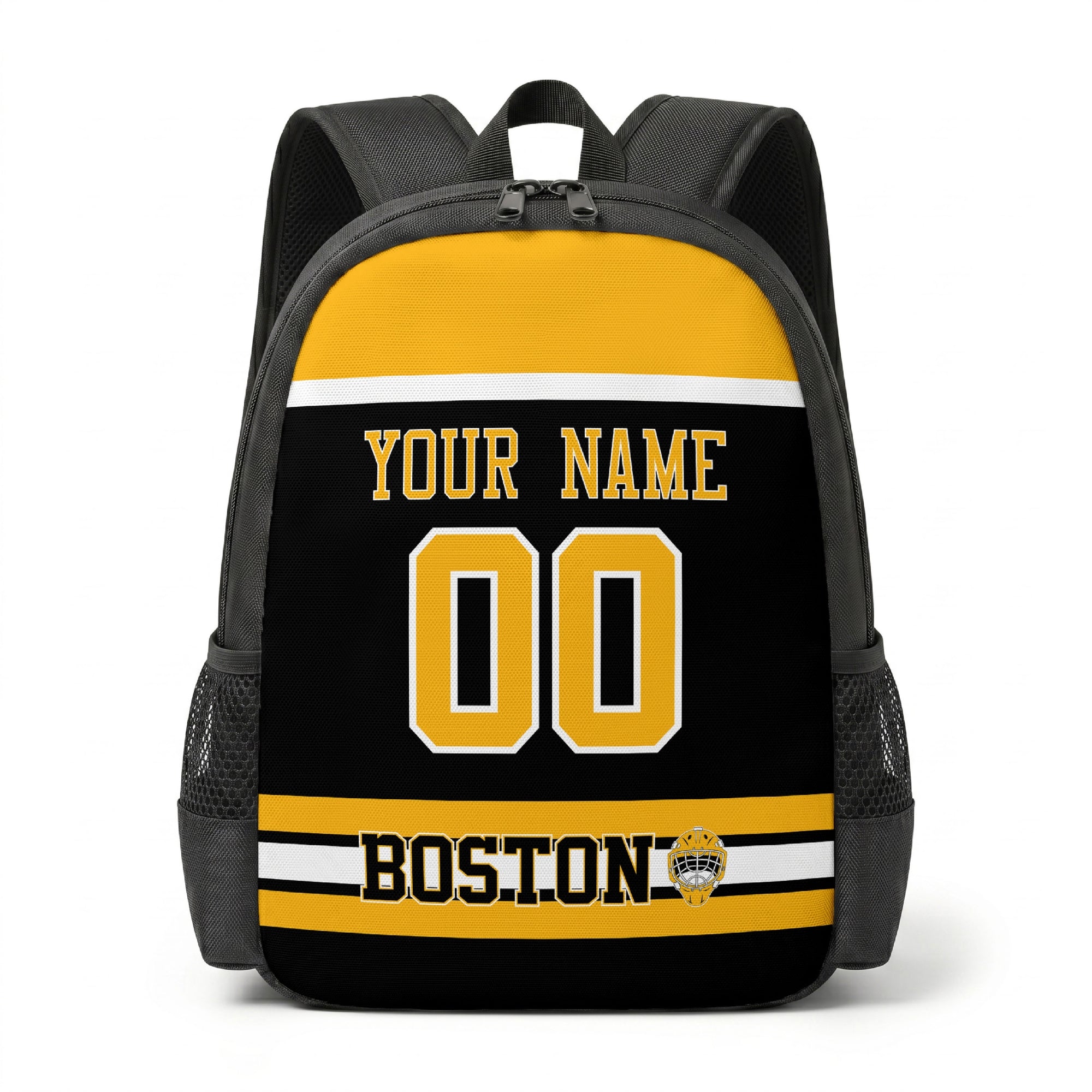 Boston hockey backpack front view with custom name and number