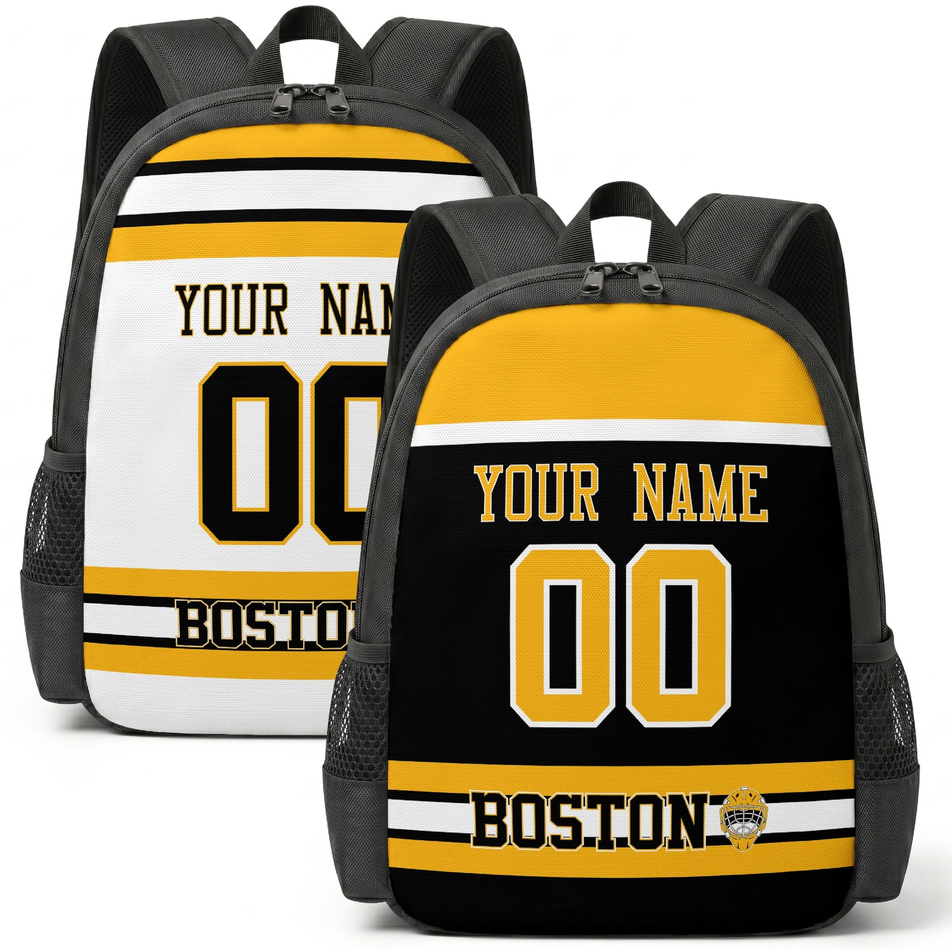 Custom hockey backpack for Boston fans with name and number preview