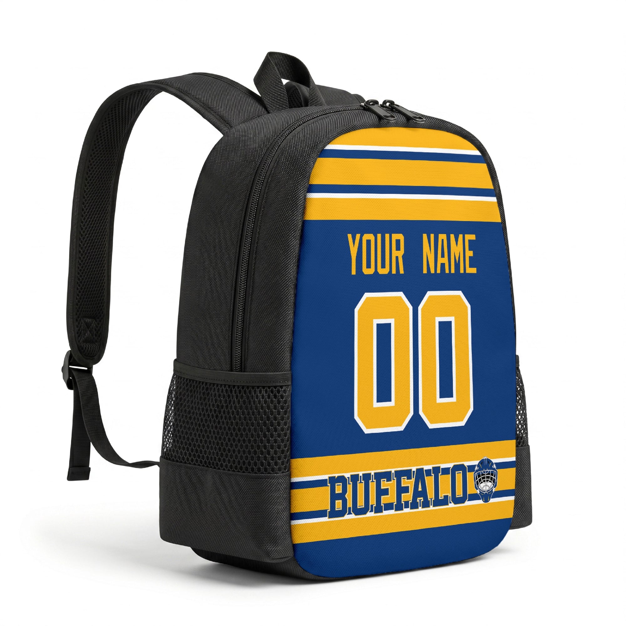 Buffalo hockey backpack angled view with side pocket
